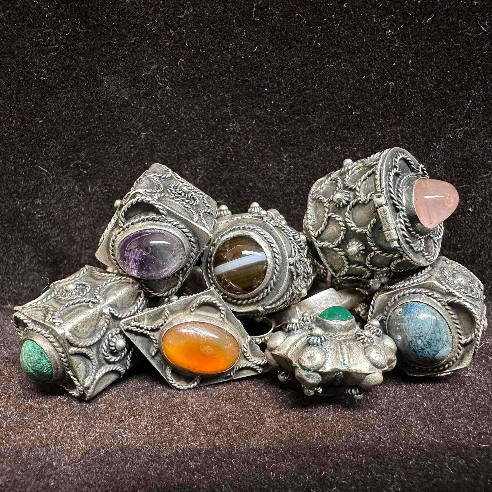 800 Silver Ethnic Charm Mariner Link Bracelet with Ornate Filigree and Gemstone Accents (1 of 9)