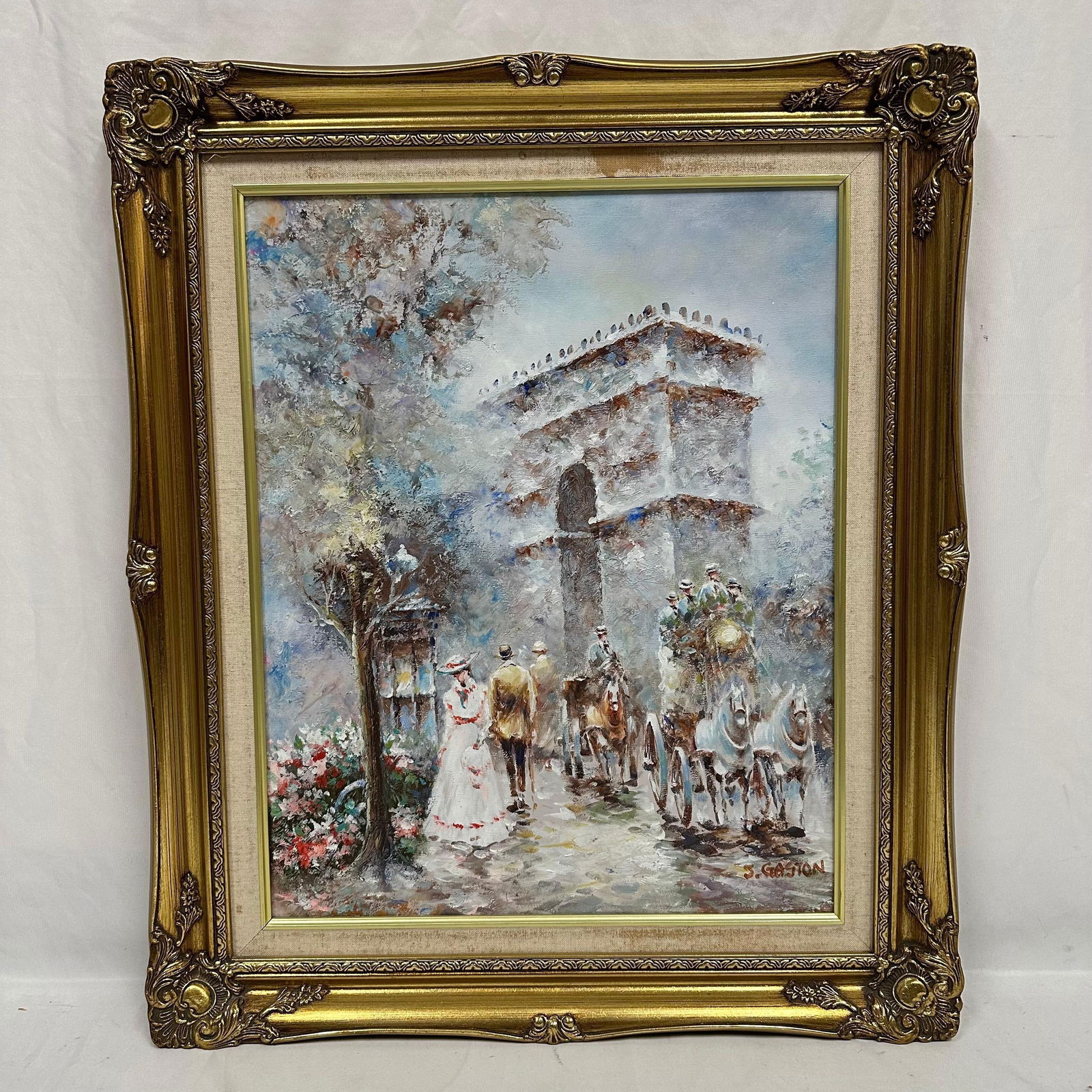 Parisian Oil Painting of Paris Street Scene Signed J. Gaston in Ornate Gold Tone Frame (1 of 7)