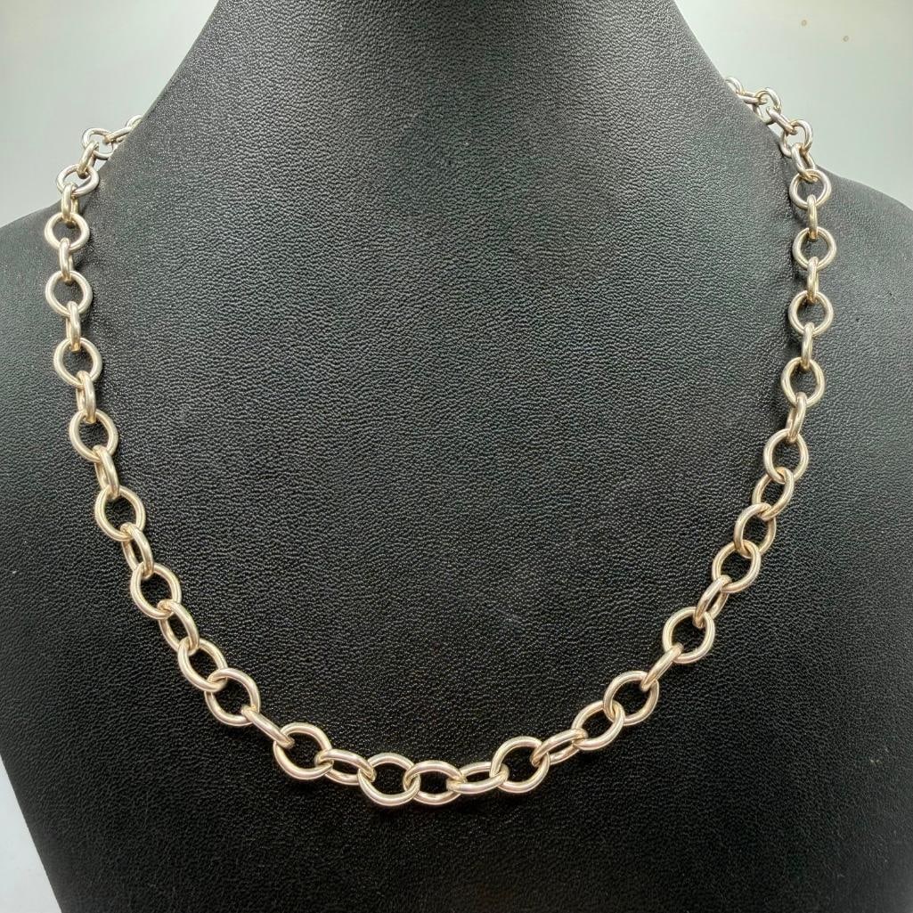 Sterling Silver Chain Necklace 17.5": This piece of jewelry has been tested and researched prior to listing. Please view all our pictures they are part of our description. DETAILS: Metal - Sterling Silver Color - Silver Stones - none Hall