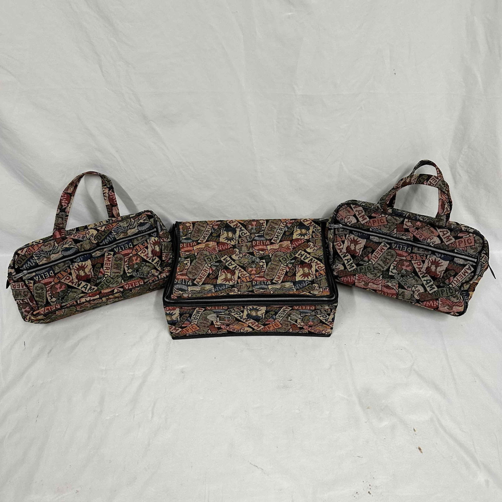 Tapestry Travel Luggage Set 3 Pieces with Traveling Label Pattern: Set of 3 matching vintage travel bags featuring a colorful woven tapestry fabric with international travel labels (Pan Am, Delta, Swiss, TWA, etc.). Includes one large rectangular case with zip closur