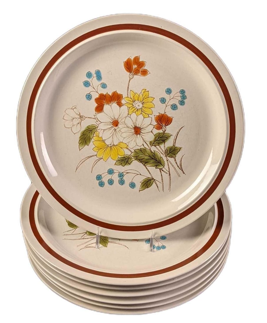 Seven Early Summer by Four Seasons Dinner Plates: Seven "Early Summer" by Four Seasons Dinner Plates. Each plate is approx 10 1/2" and is in a good, vintage condition with some wear and light crazing on a couple of the plates. All seven plates weigh