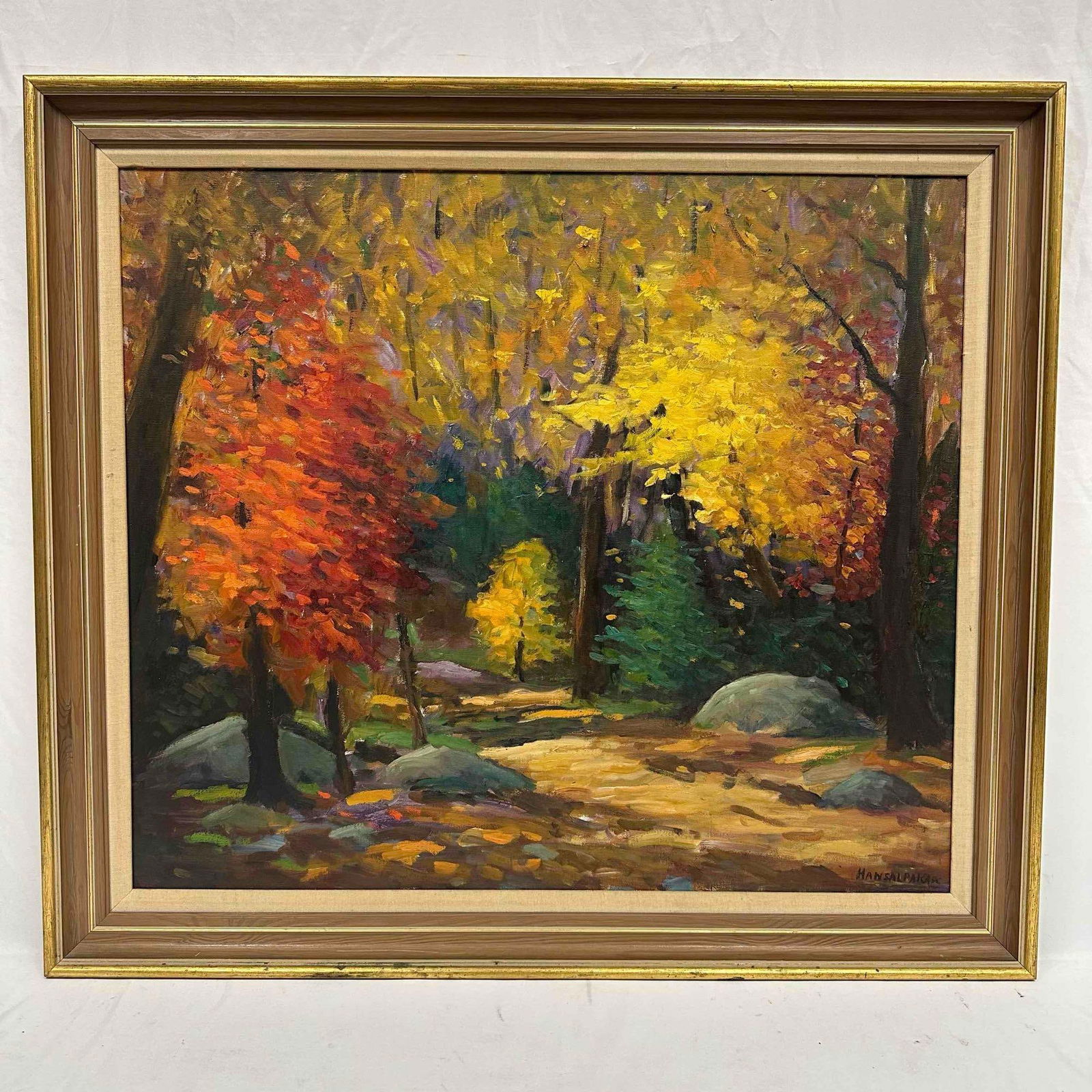 B.G. Hansalpakar 1967 Framed Oil Painting On Canvas Autumn Orange and Yellow Leaf Tree Scene R90 (1 of 6)