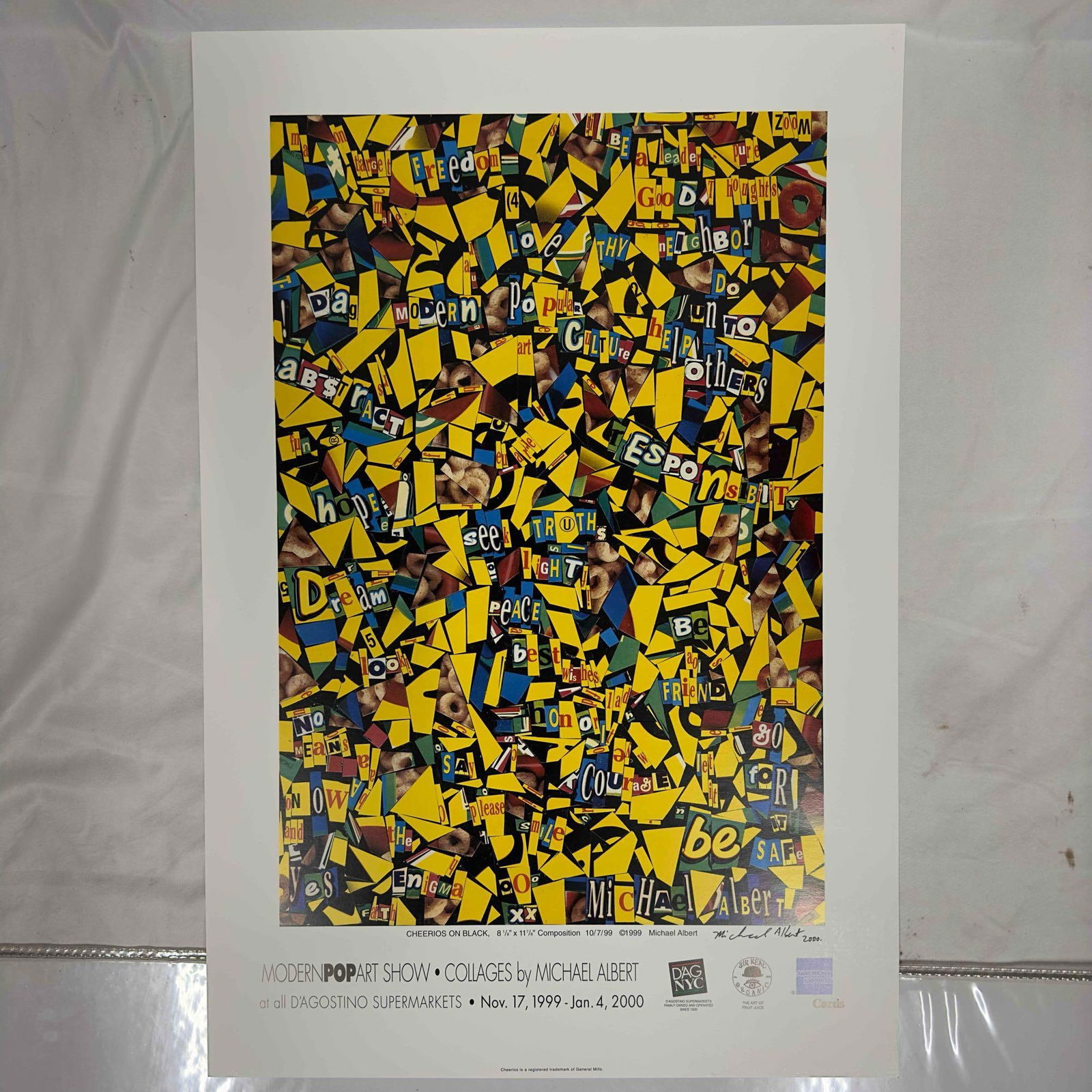Cheerios On Black Collage Michael Albert Lithograph Signed Modern Pop Art: Cheerios On Black Collage Michael Albert Lithograph Signed Modern Pop Art. This art lithograph is from the Modern Pop Art Show 2000. Michael Albert signature and dated 2000 on the bottom right corner