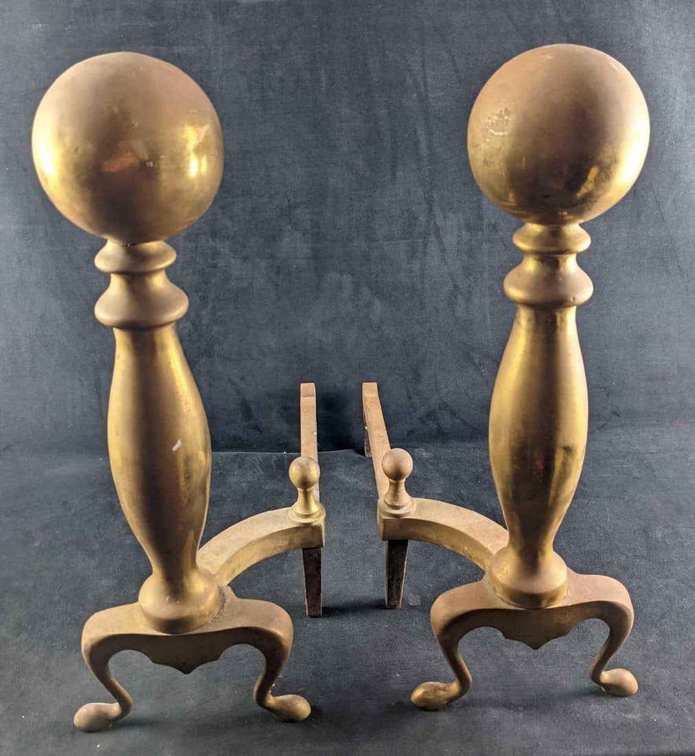 Vintage Brass Cannonball Fireplace Andirons: Vintage Brass Cannonball Fireplace Andirons or Fire Dogs Circa 1900-1949. Is approx 9" x 20" x 24" and together they weigh 30lbs. The andirons are in a good, vintage condition with some light tarnish