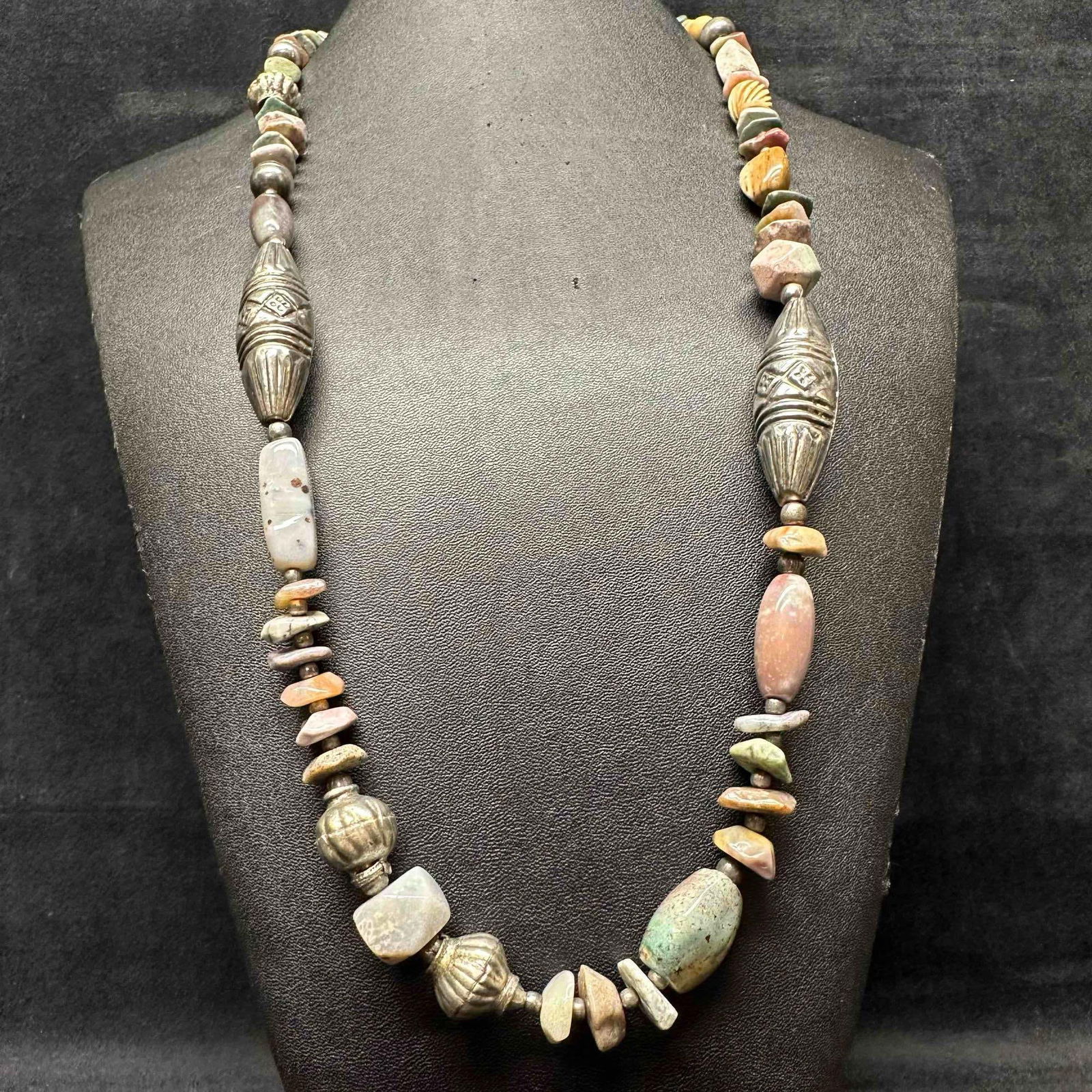Ethnic Tribal Ancient Style Stone and Silver Toned Beaded Necklace (1 of 7)