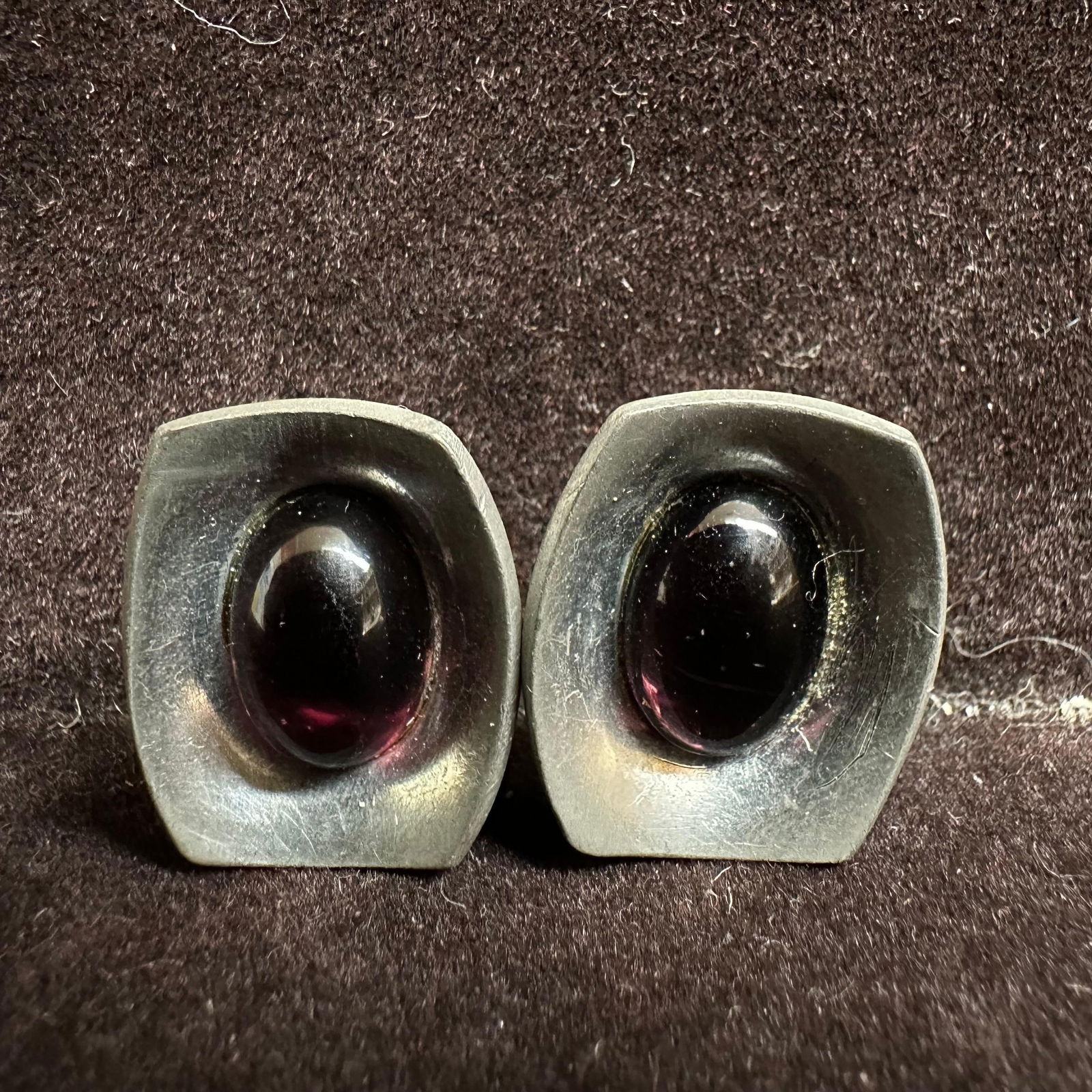 Jorgen Jensen Denmark Pewter Purple Glass Bead Accent Earrings N93: Jorgen Jensen Pewter earrings with beautiful designs on each. The earrings feature a clip-on paddle back clasp closure. Etched Jorgen Jensen identifying markings on the back of the earrings. The earri