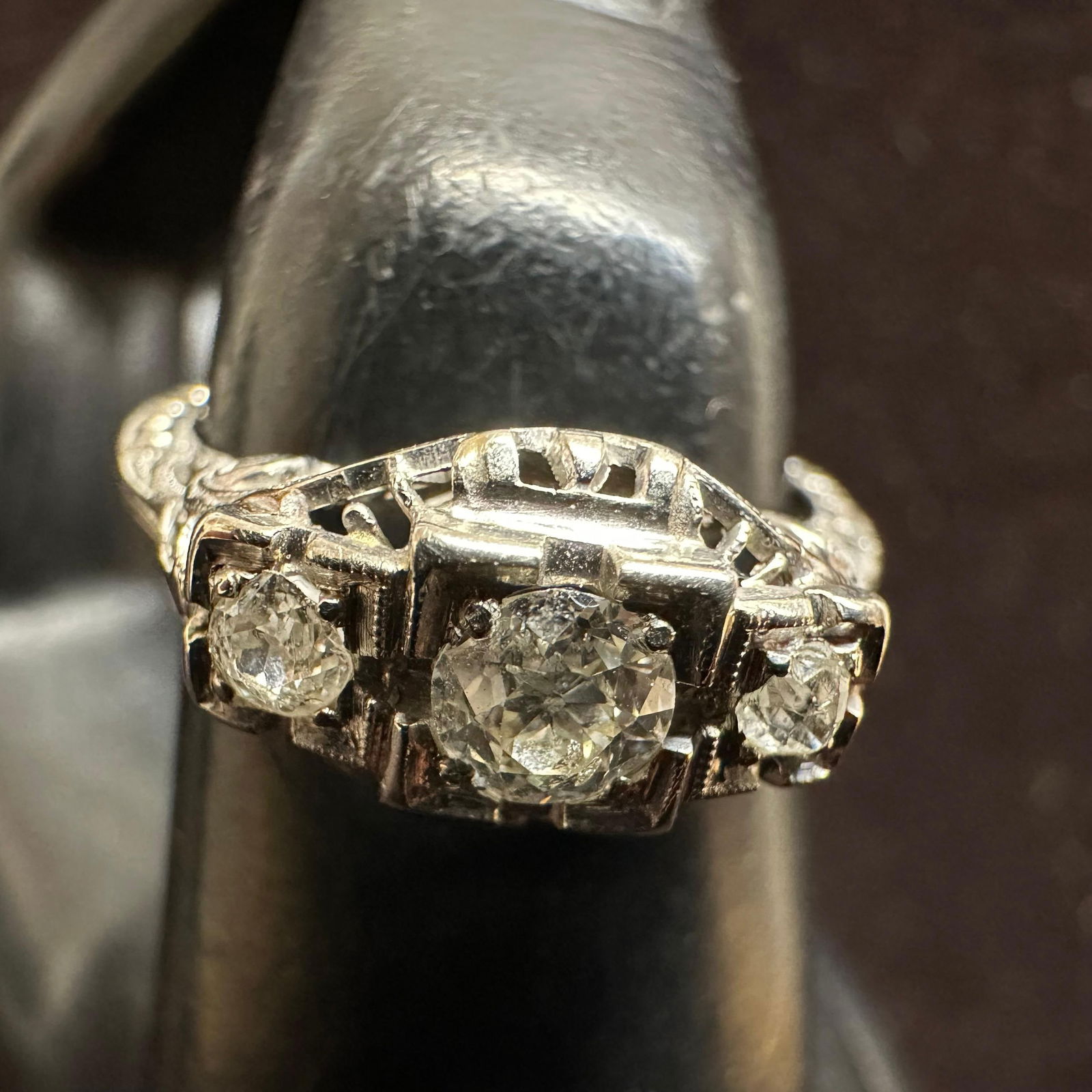 18K White Gold Ring 0.56ct Three Diamond Art Deco Engagement Style (1 of 14)