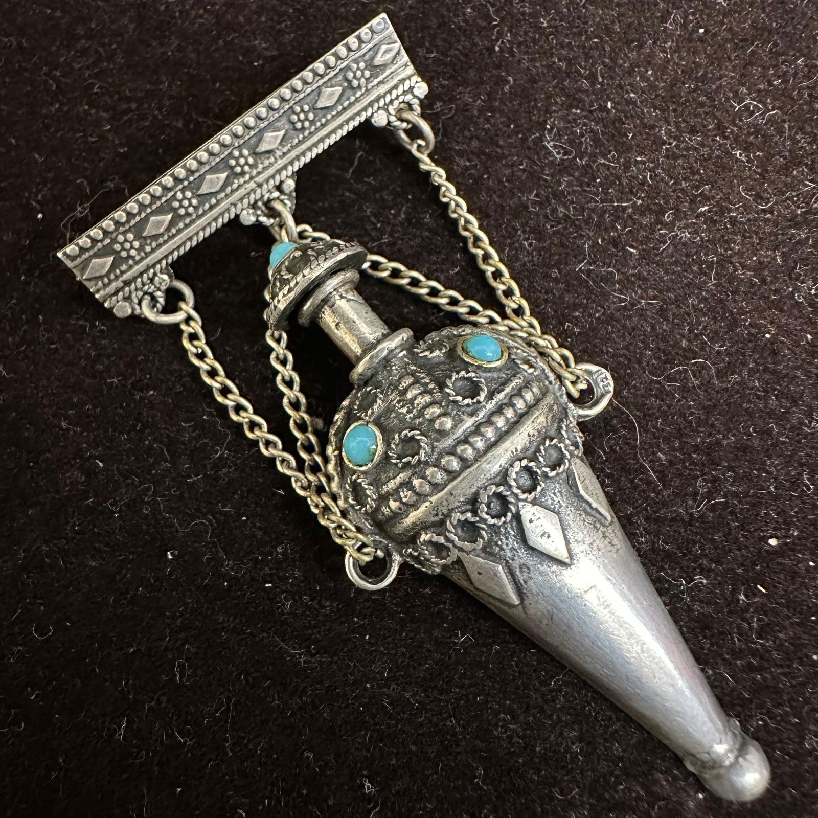 Silver Turquoise Perfume Poison Urn Vessel Brooch: This item is in good pre-owned, previously used/displayed condition with noticeable light wear and surface scratches. Please reference all photos for full details. This piece of jewelry has been teste