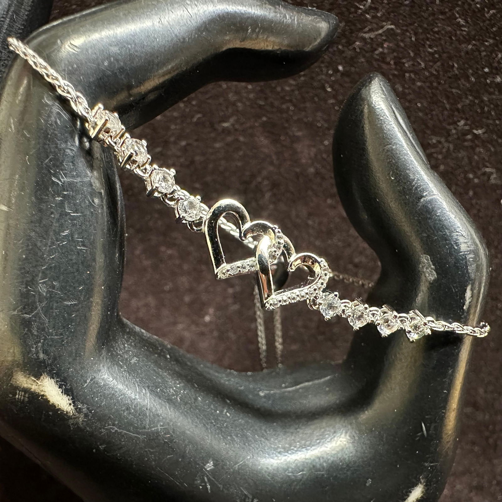 Two Interlocking Hearts White Sapphires Sterling Silver Bracelet (1 of 10)