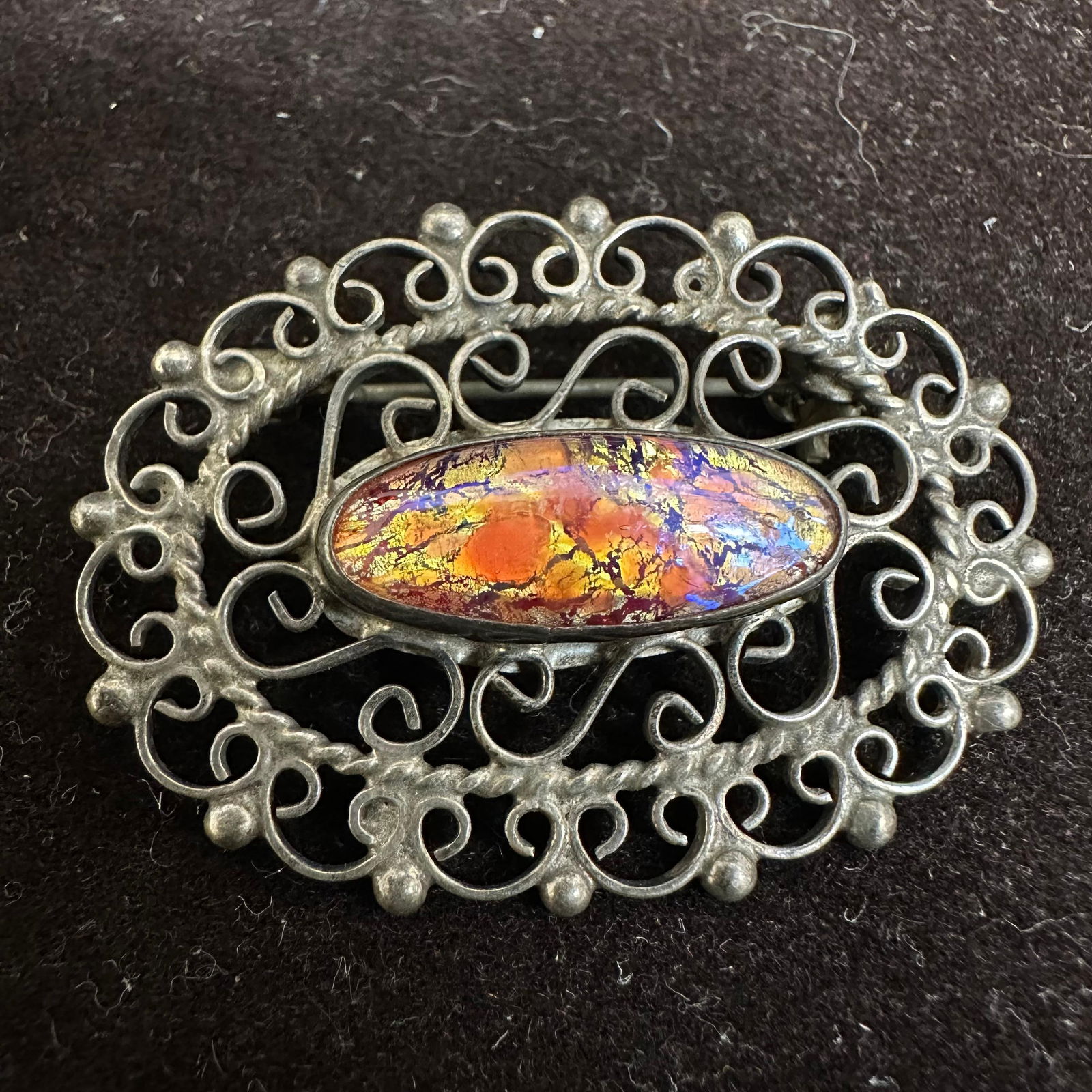 Mexico Foil Art Glass Inlay Silver Brooch Pin (1 of 6)