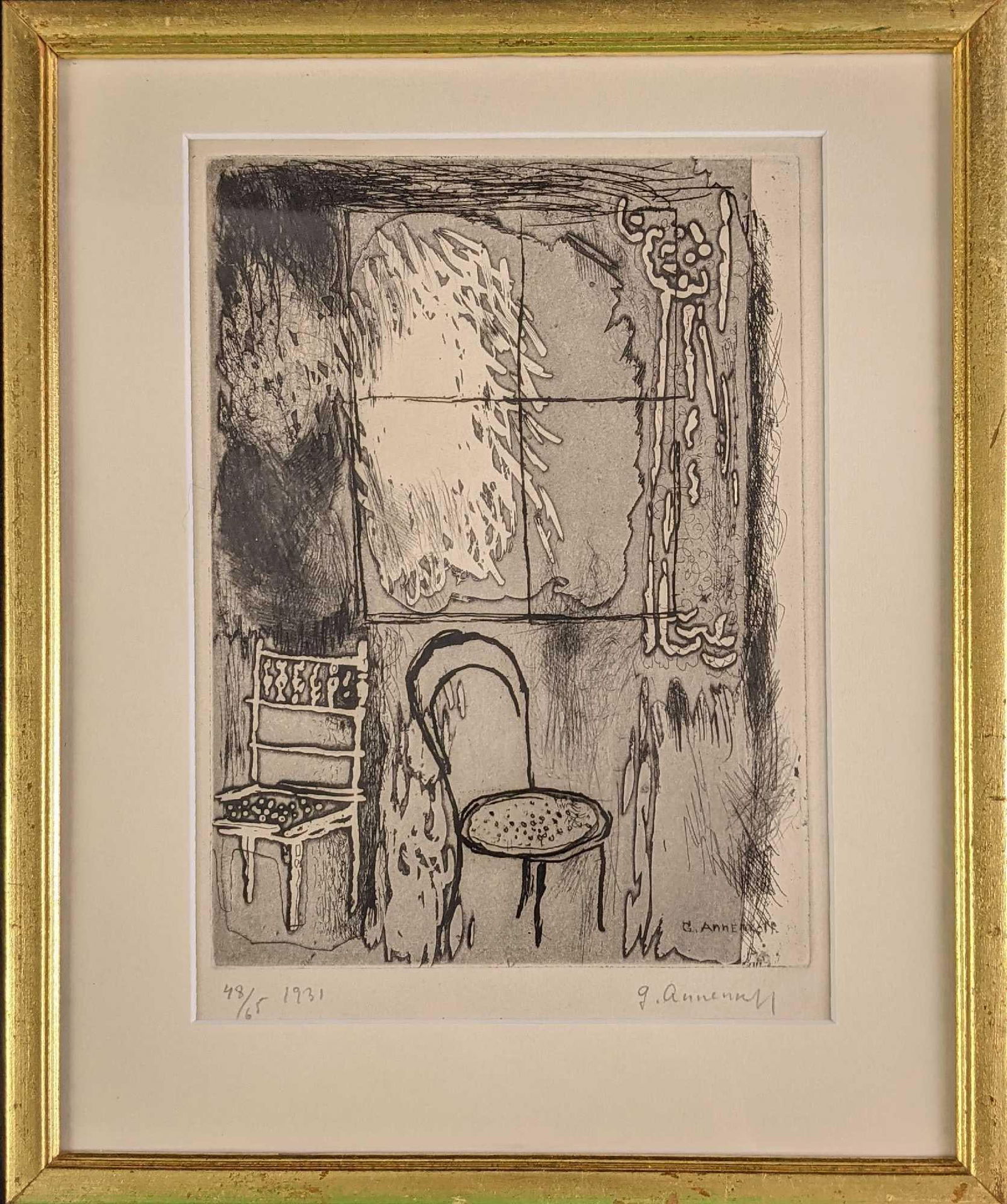 Yuri (Georges) Annenkov LE Signed Chairs Print: Yuri (Georges) Annenkov LE Signed Chairs Print. This one is #48 out of #65 from 1931. The artist signed on the bottom right in pencil. Framed etching is approx 10" x 1/2" x 12". The etchin
