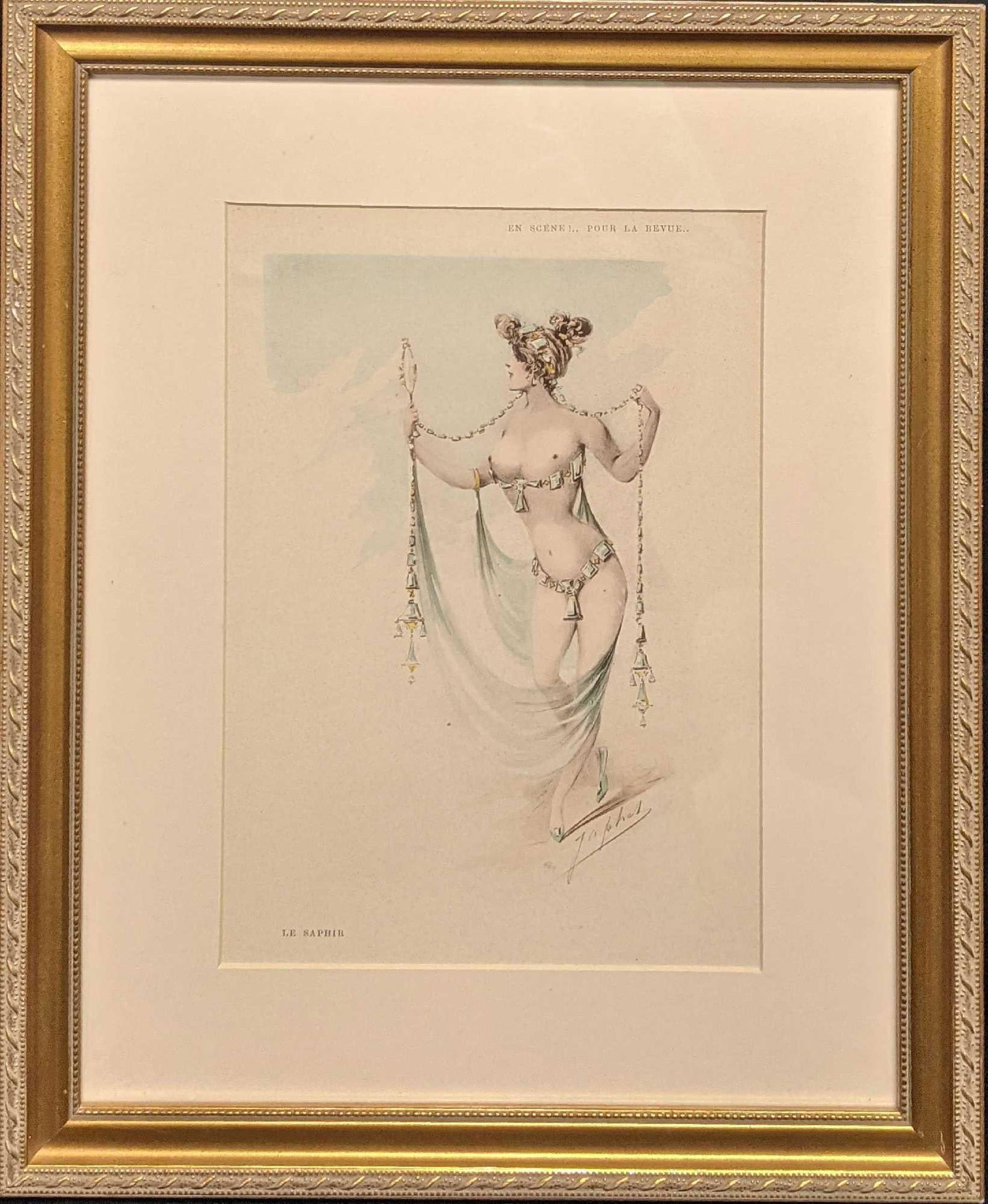 Vintage Framed Color Etching Alexandre Jean Louis Jazet: Vintage Framed Color Etching By Alexandre Jean Louis Jazet or "Japhet". Image shows a lady dress in costume. The framed etching is approx 12 1/2" x 1" x 15 1/4" and weighs 2.12lbs. The framed etching