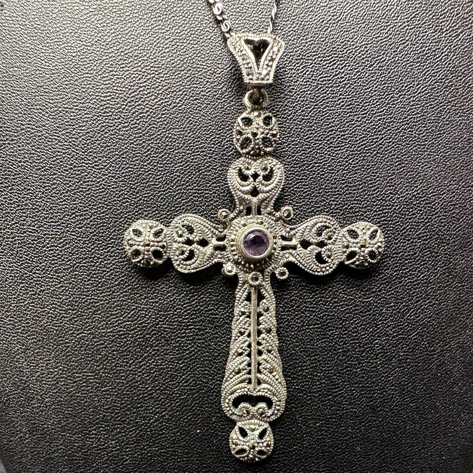 Marcasite and Amethyst Cross Sterling Silver Pendant Necklace M58: This item is in good pre-owned, previously used/displayed condition with noticeable light wear and surface scratches. Please reference all photos for full details. This piece of jewelry has been teste