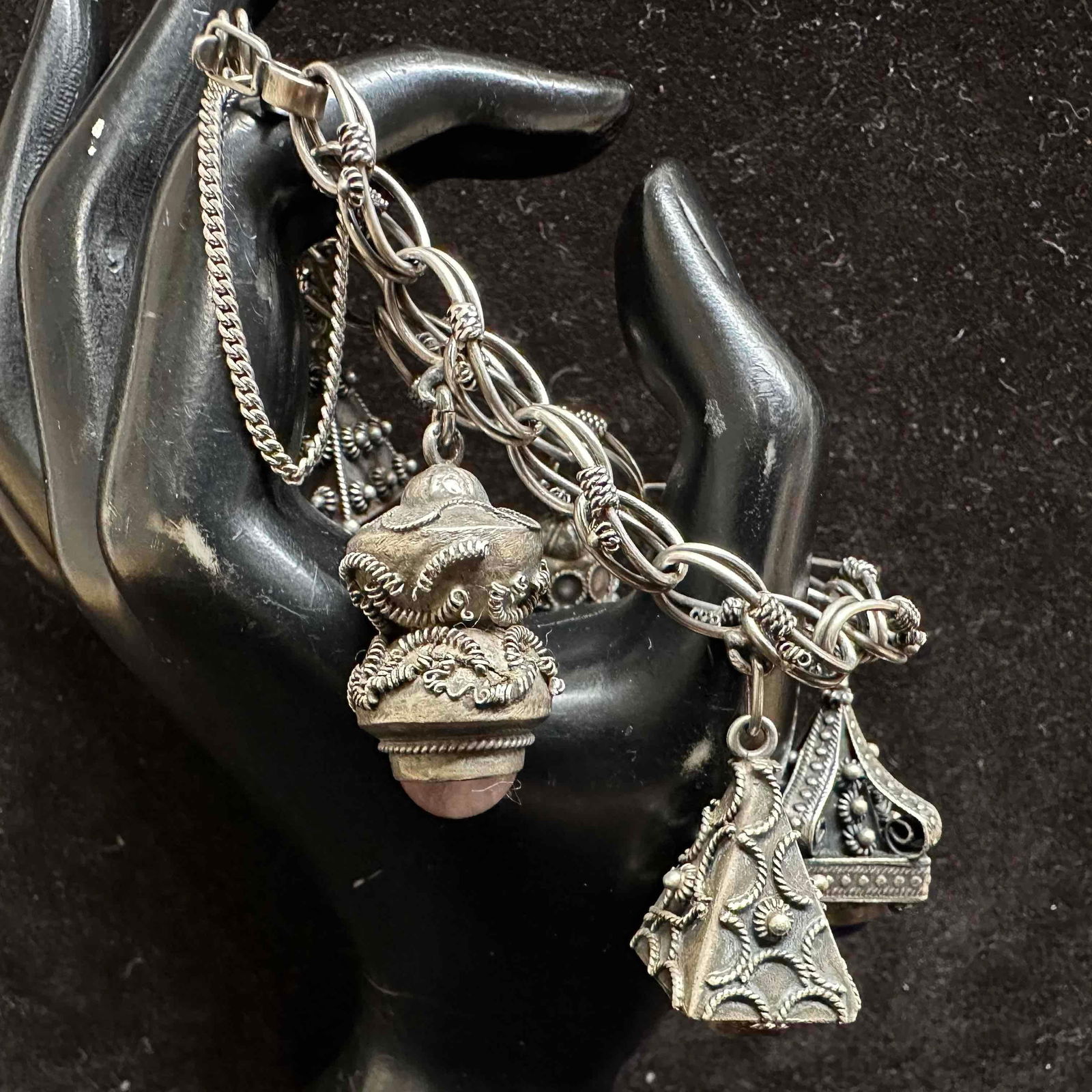 Silver 800 Etruscan Revival Style Rose Quartz Lapis Citrine Malachite Red Coral Stone Charm Bracelet: This item is in good pre-owned, previously used/displayed condition with noticeable light wear, and surface scratches. Please reference all photos for full details. This piece of jewelry has been test