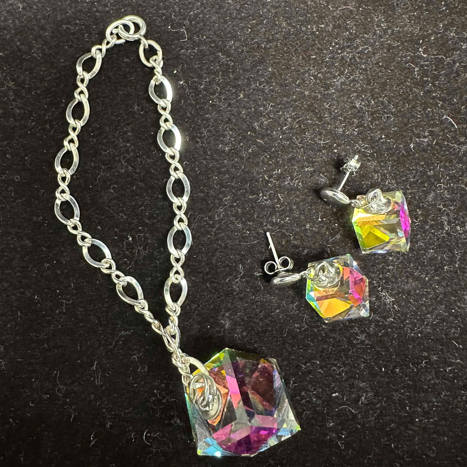 Crystal Glass Iridescent Square Cube Sterling Silver Bracelet and Earrings Set (1 of 8)