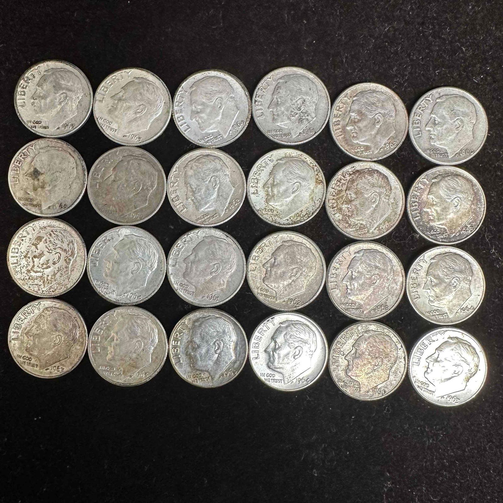 Lot of 24 Silver Roosevelt Dimes 1960's Dime Coin Set: These coins have been tested and researched to the best of our ability prior to listing. Please view photos, as they are a part of the condition. DETAILS: Metal - .900 Silver Tested - Yes Size - 17.9