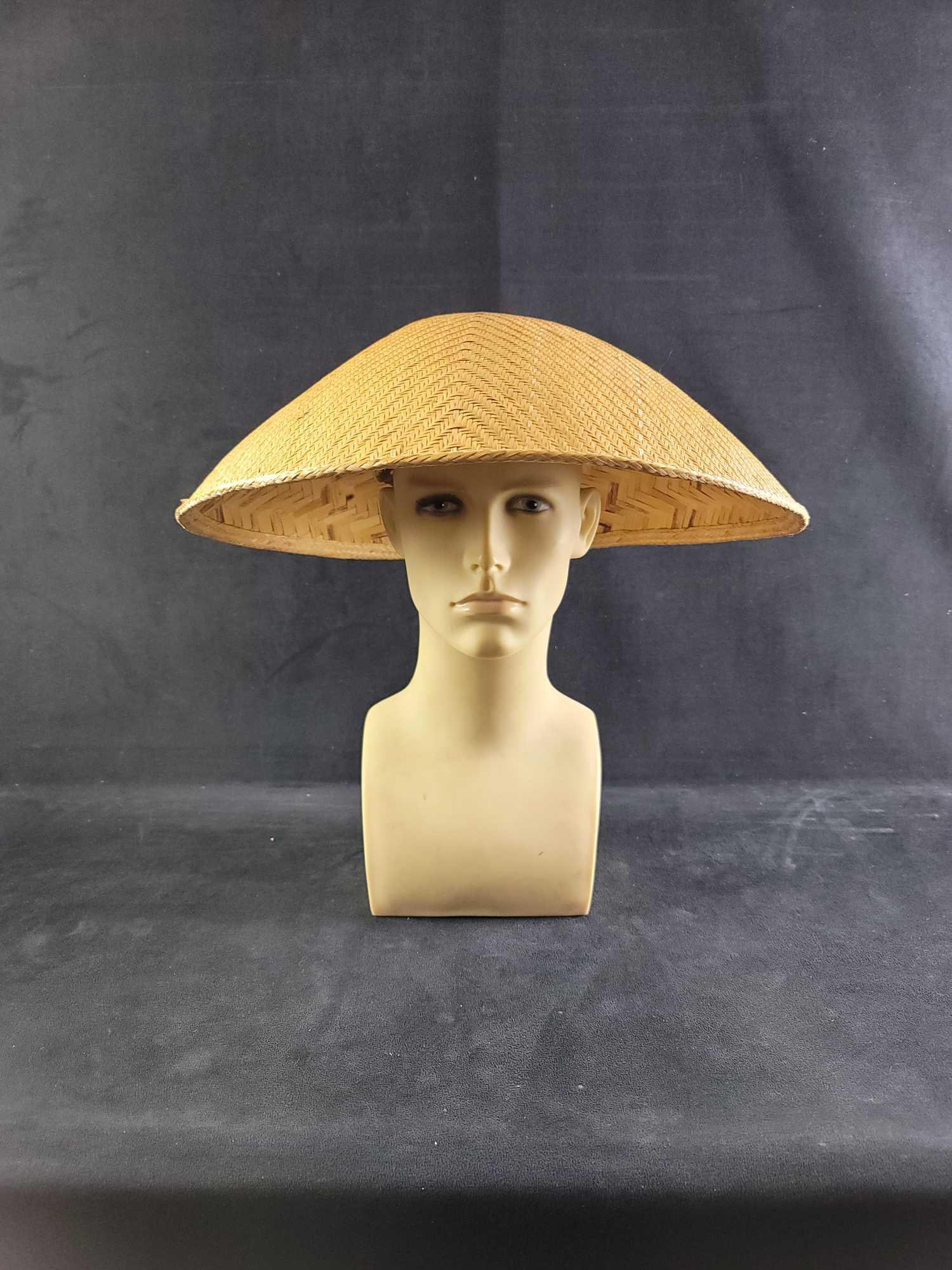 Authentic Weaved Asian Cane Hat: Purchased by seller while traveling abroad. This dome shaped hat sits up off of your head. In good vintage condition. Weaving of material is still strong. Approx. measures 18" diameter of outer rim x