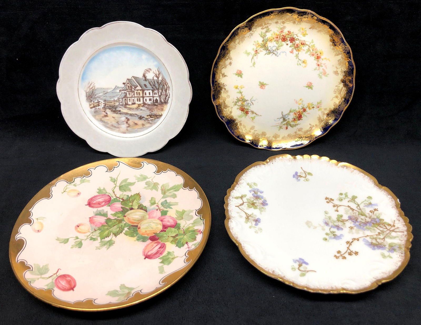 4 Assorted Fine China Plates - Made in England, Czech, France: 4 Assorted Fine China Dishes. Lot includes: 1 Small Plate - Countryside Manor - B S M - Made in Czech - Good, Used Condition - 8-1/2" x 8-1/2" x 1" 1 Medium Plate - Navy & Gold Flora