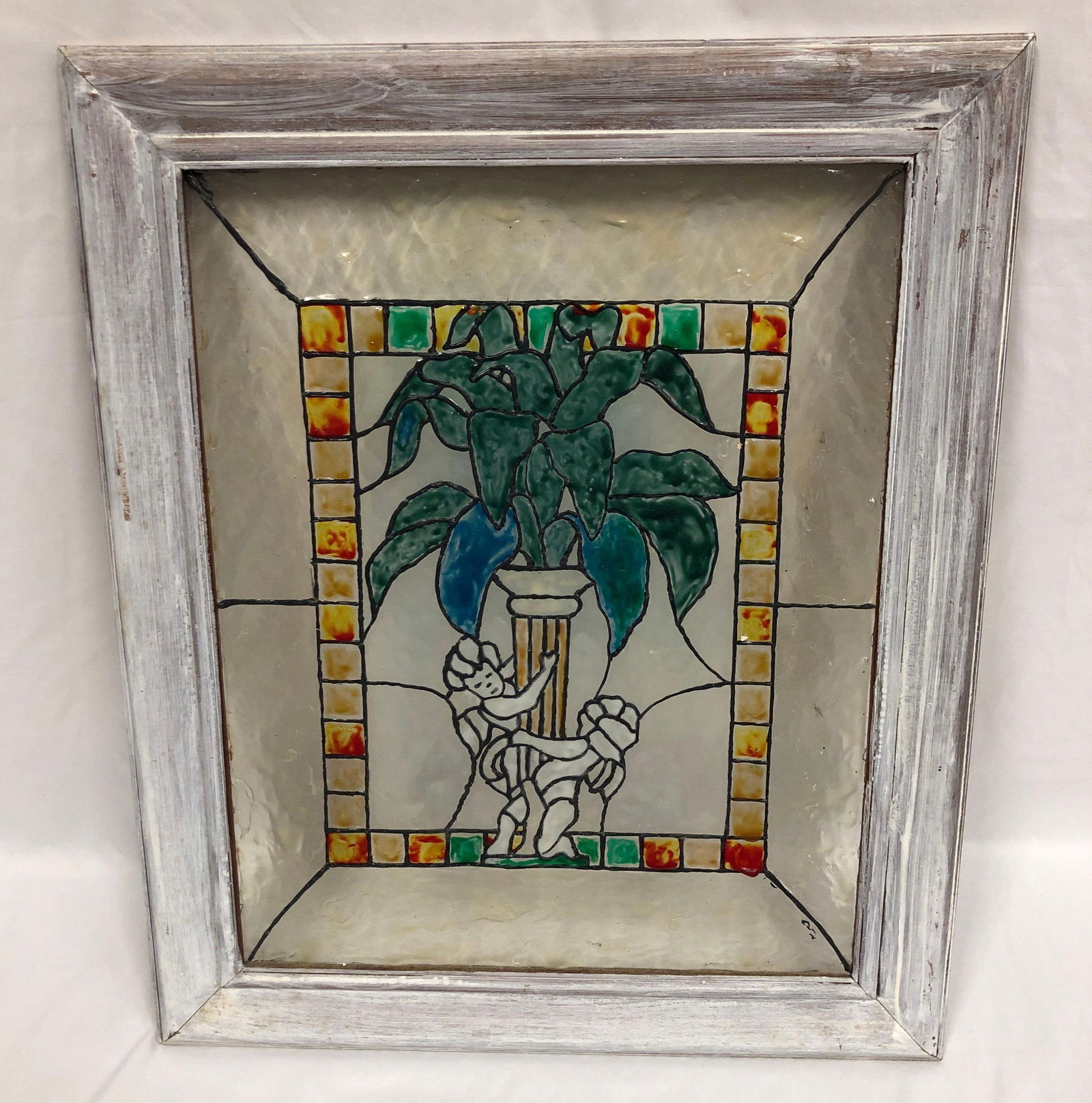 Vintage Art Nouveau Stained Glass in Frame (1 of 3)