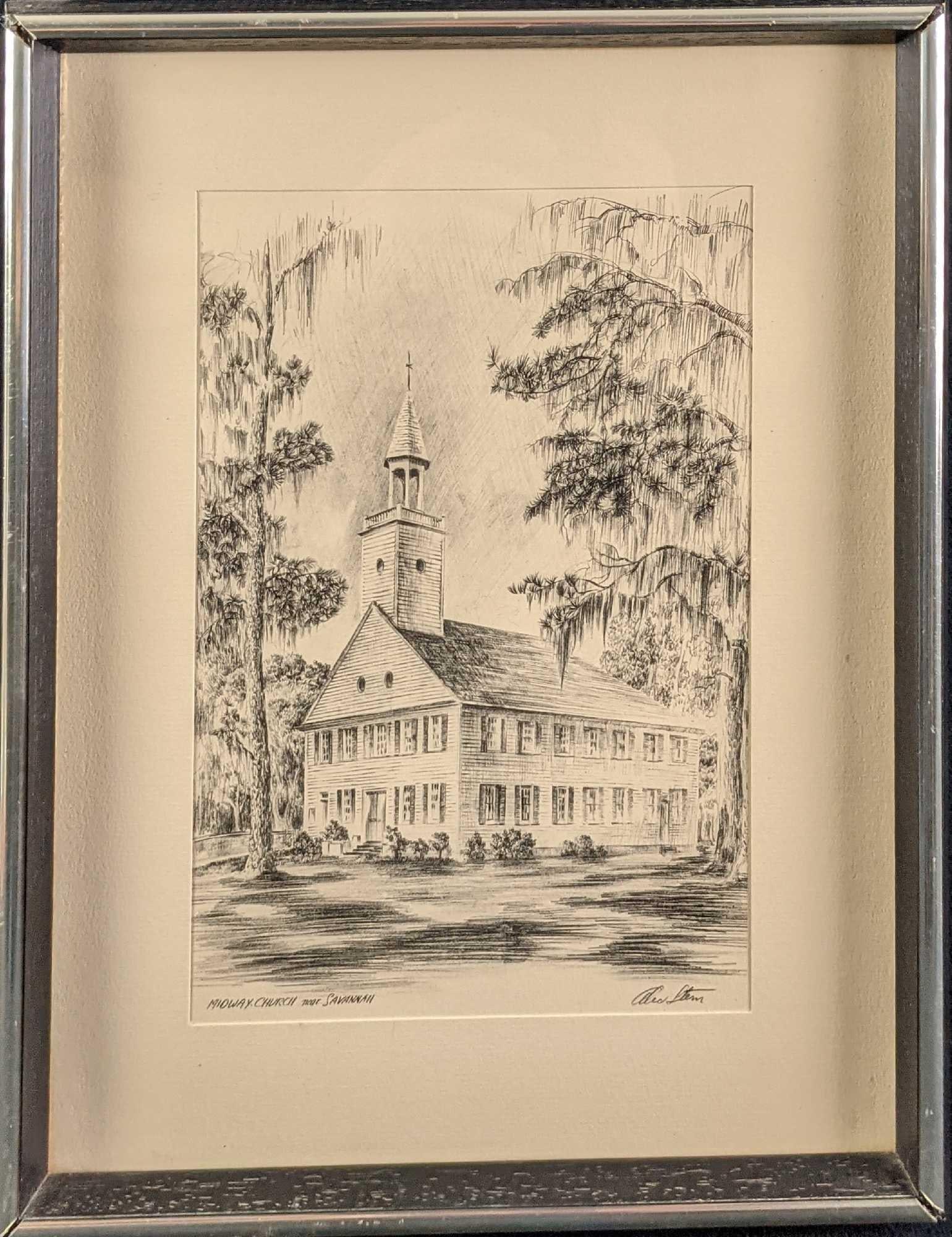 Vintage Framed Alec Stern Etching Midway Church: Vintage framed Alec Stern etching of "Old Midway Church" which was near Savannah Georgia. This limited edition run was originally produced for the 'Motor Contract Company'. Please note, the sign