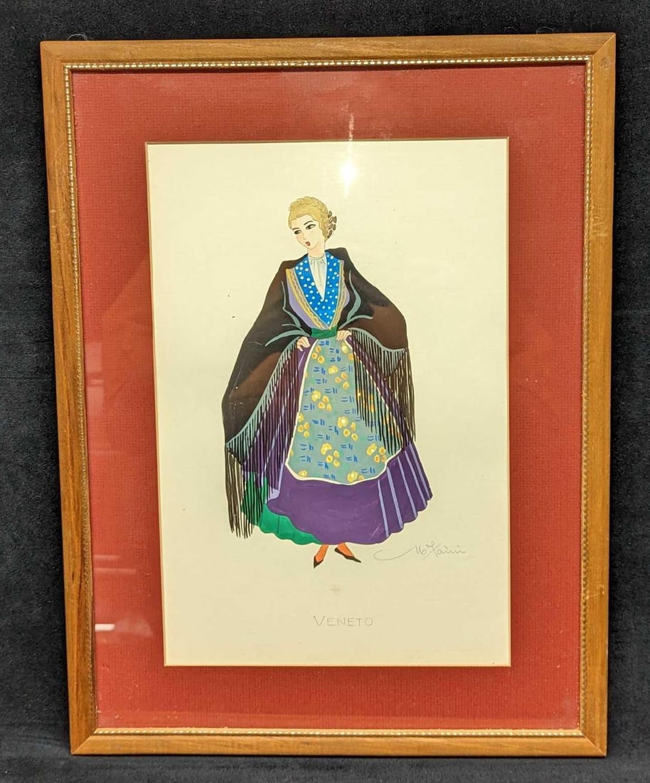 Vintage Framed & Signed Veneto Italian fashion Original Pencil & Acrylic Painting: Vintage Framed & Signed Veneto Italian fashion Original Acrylic Painting. This Original is signed (unknown) by the artist under the dress. Is in a good, used condition with markings on the glass a