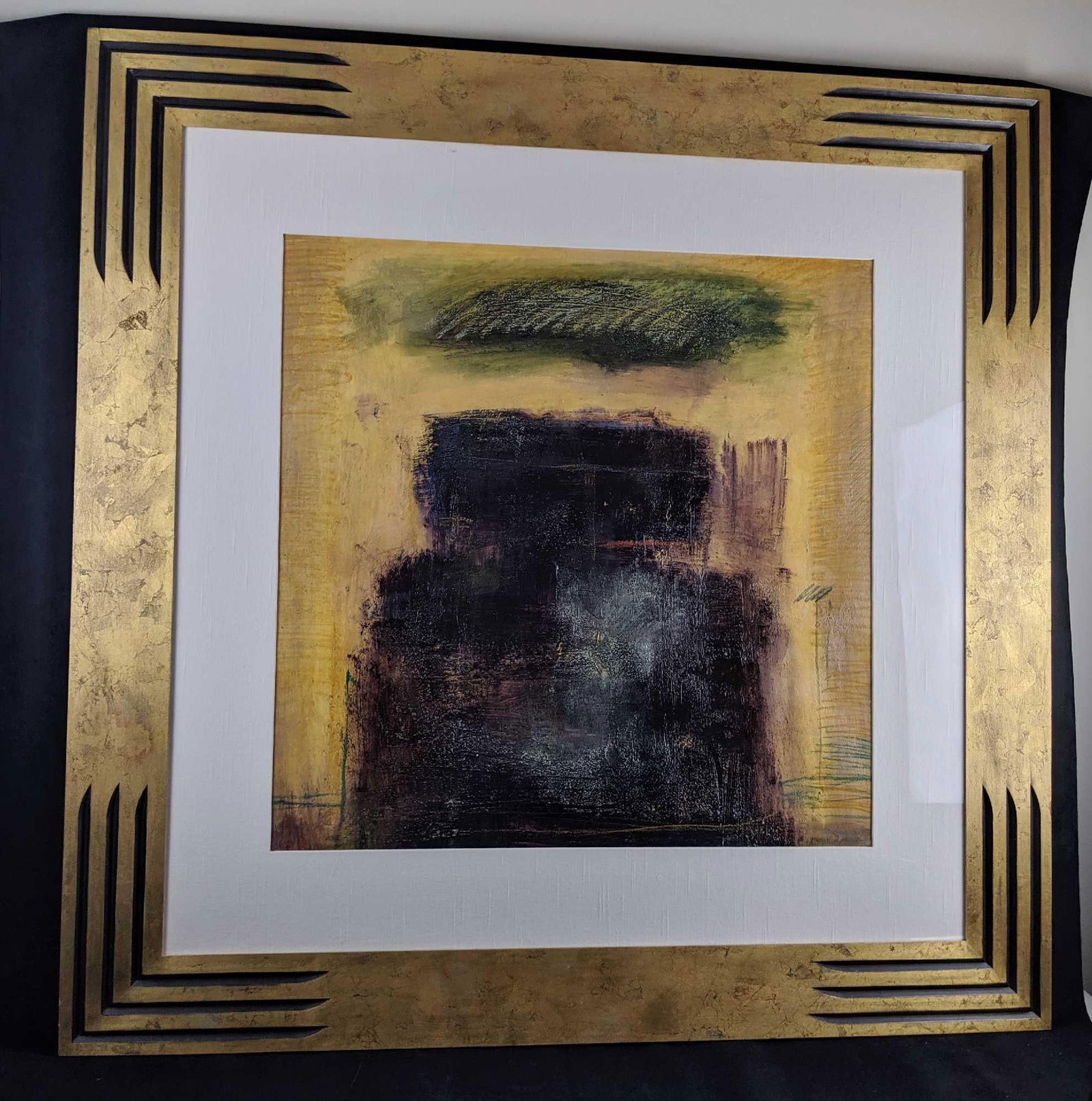 Very Large Liz Jardine Original Review: Mixed Media/Original Oil on paper. Very modern and large. Measures approx 48"x 48" framed. Image size approx 30"x30".There are some cracks on the corners (Please see images) Painted in 1996. 