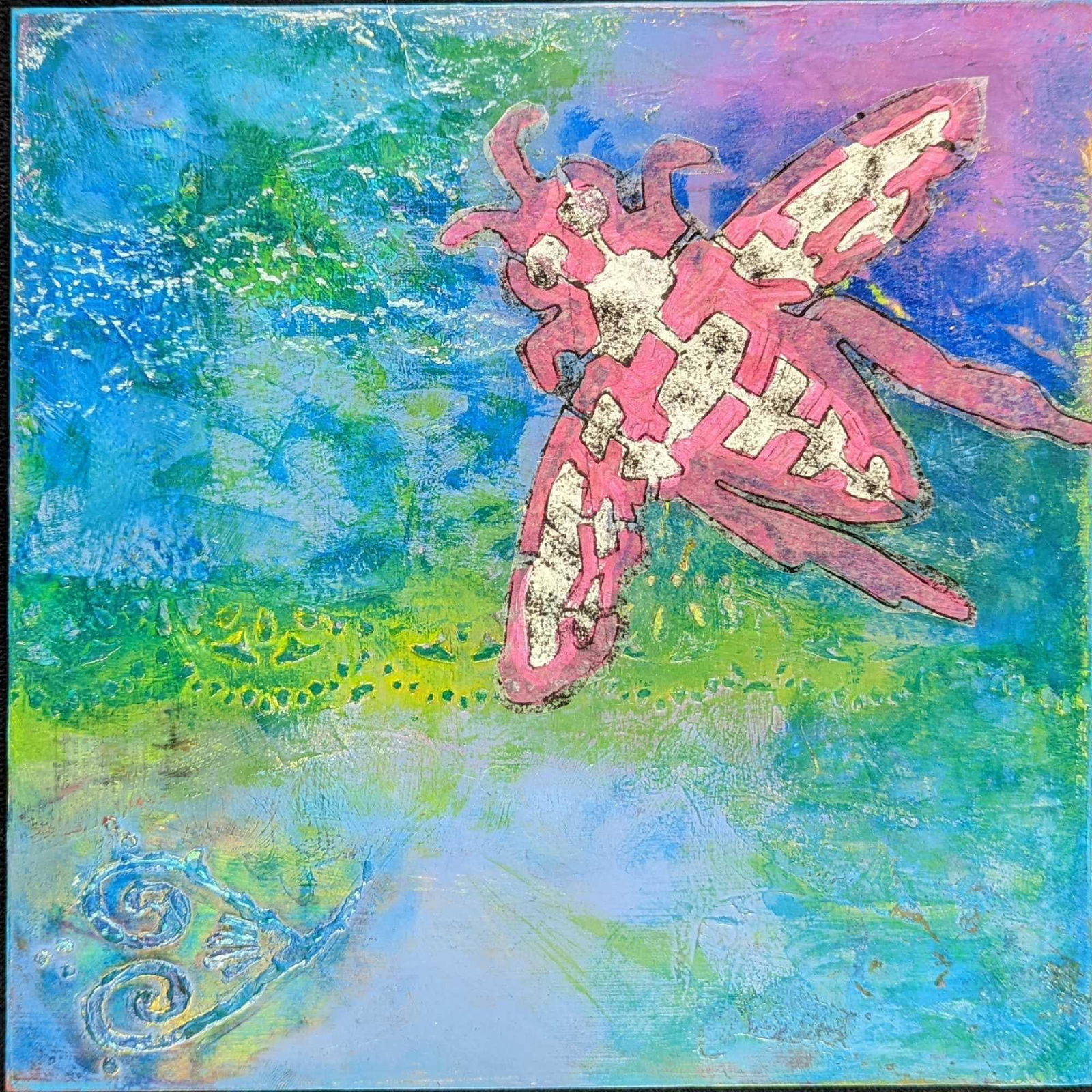 Etta Jean Juge Encaustic Mixed Media In My Dreams: "In My Dreams". This piece by Etta Jean Juge is an encaustic mixed media painting done on a wooden board. The combination of the texture of the wax and the way colors swirl and blend in the m