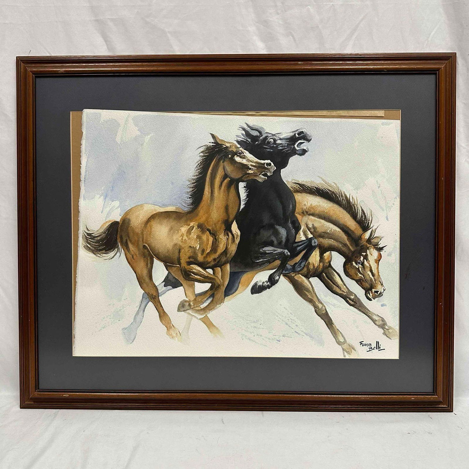 Franco Belli Signed Realist Watercolor Painting of Horses Running Wild Horse Realism Art R152 (1 of 8)