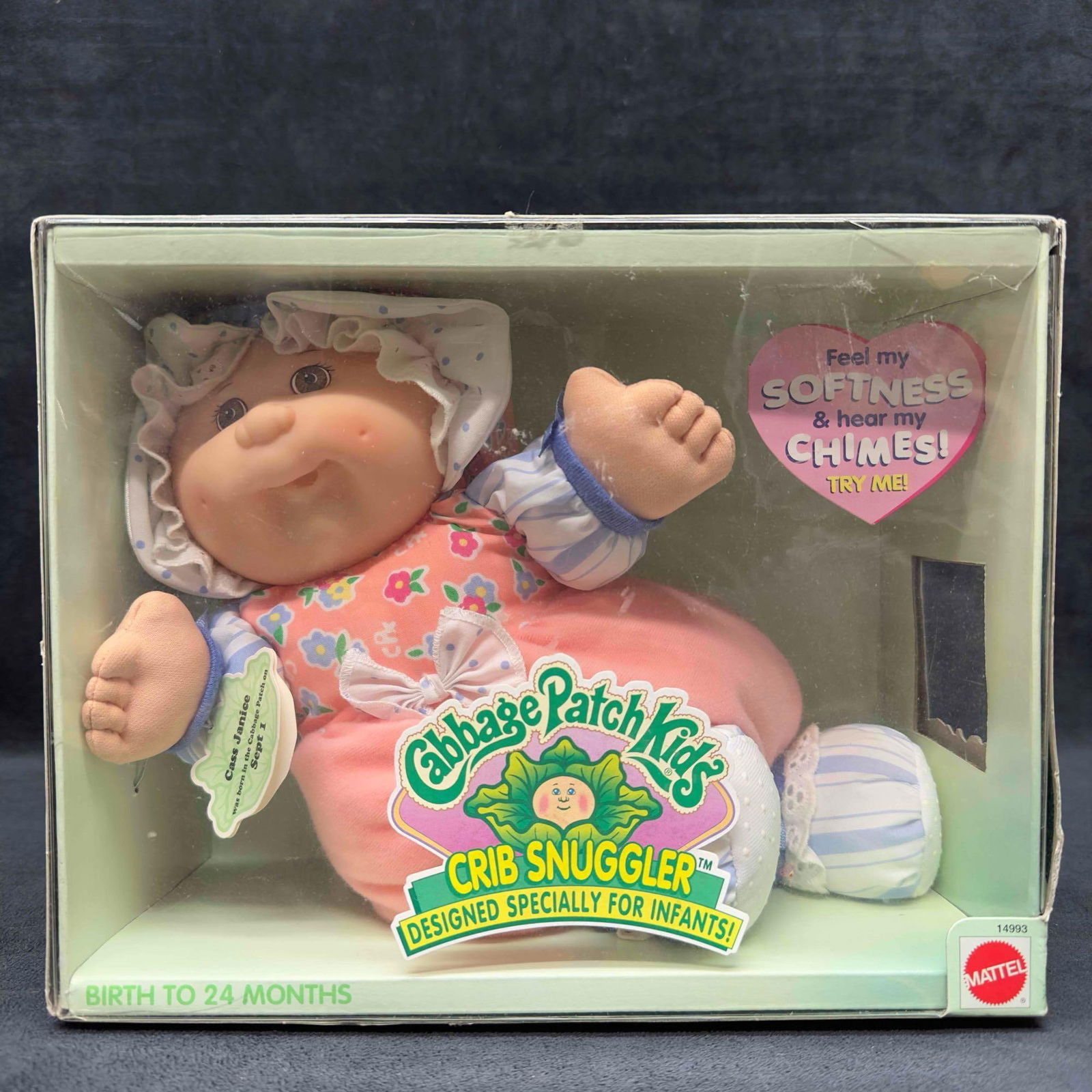 Cabbage Patch Kids Crib Snuggler Soft Baby Doll Designed for Infants Cass Janice Peach Color: Cabbage Patch Kids Crib Snuggler Soft Baby Doll Designed for Infants Cass Janice Peach Color. Like new in original box, outside of box shows light wear. This item is in good like new, previously displ
