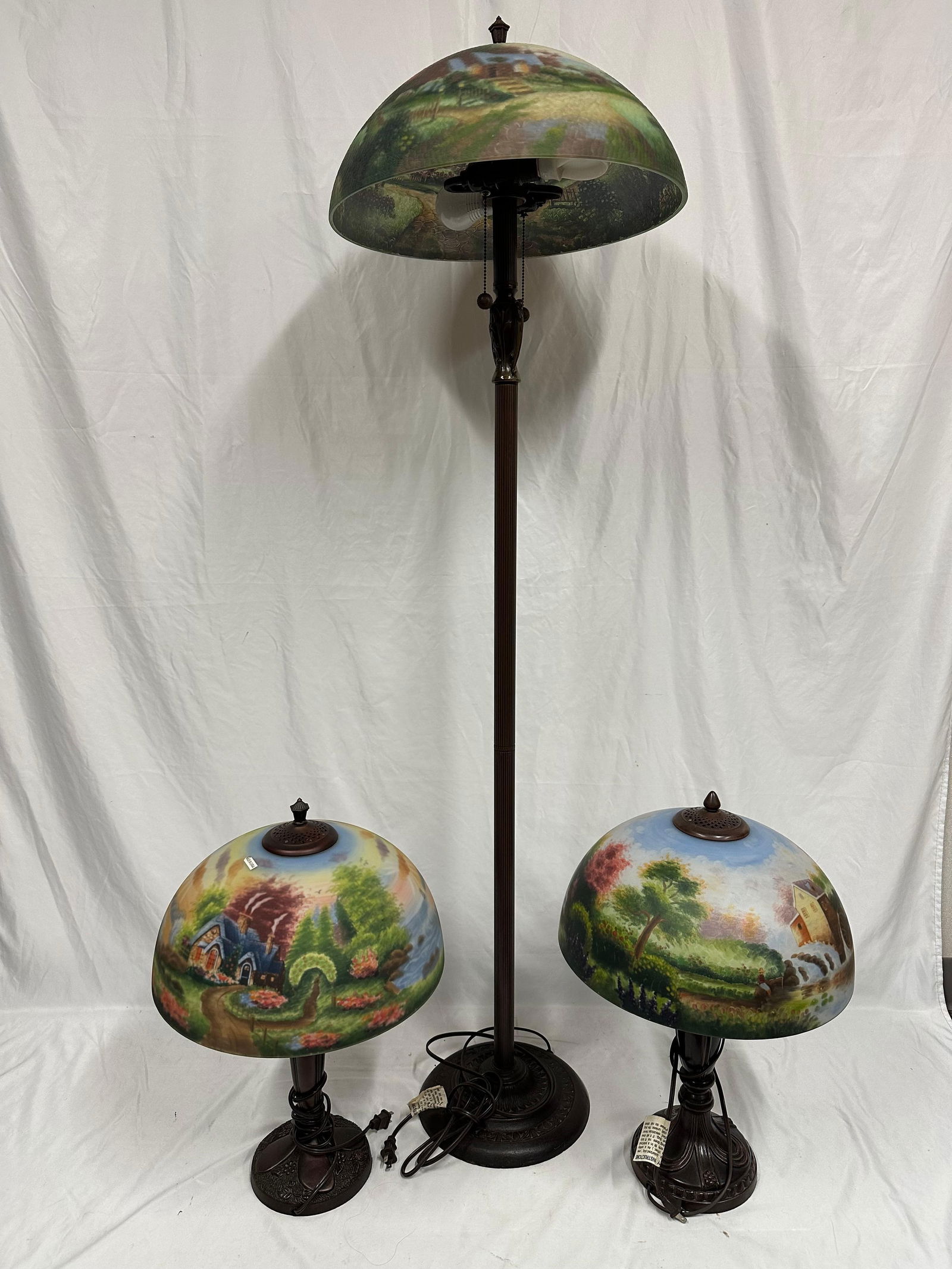 Hand-Painted Cottage Scene Matching Floor Table Lamps Reverse Painted Glass Shades Set of Three (1 of 20)