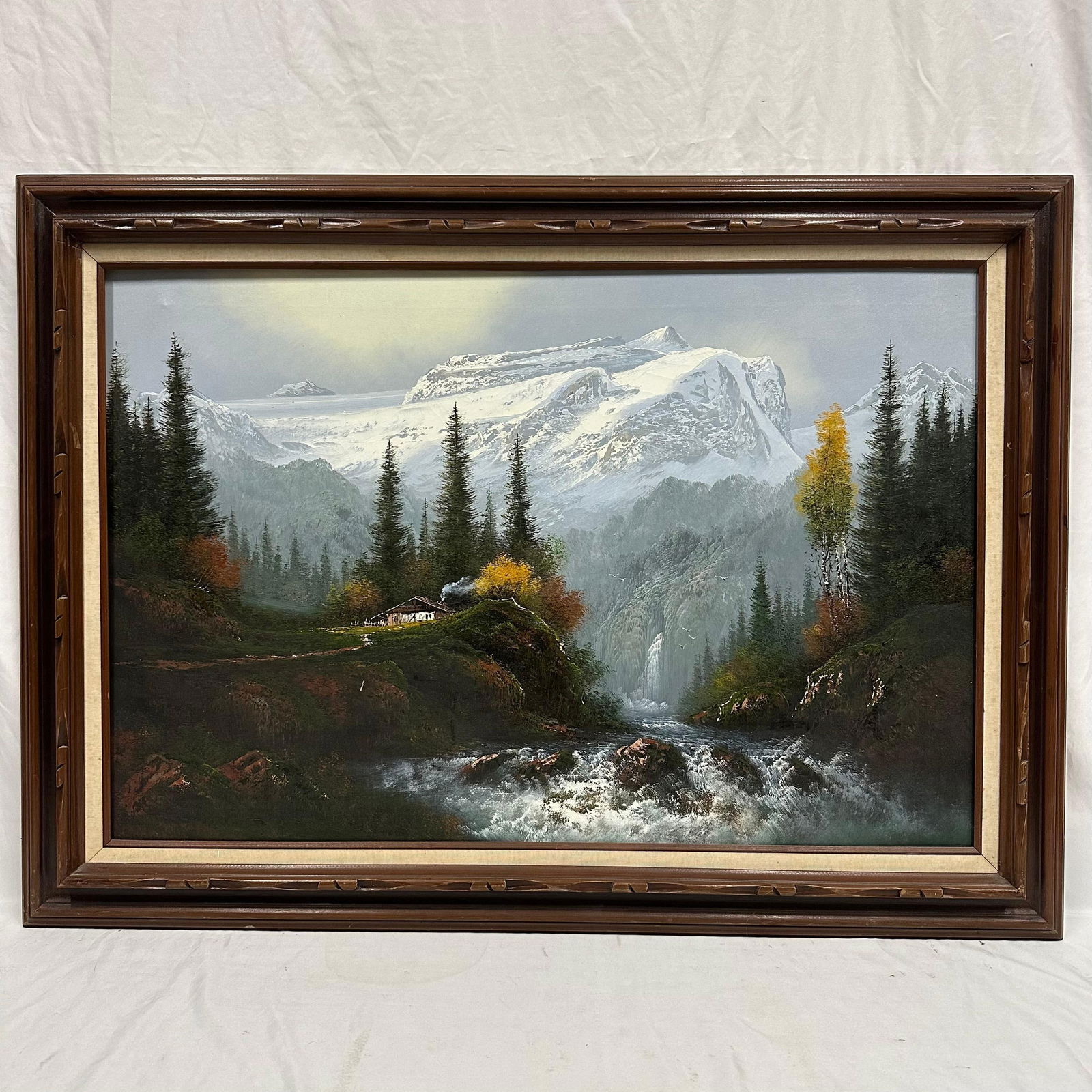 House on a Cliff by the River with Mountain Landscape Oil on Canvas Framed Unknown Artist (1 of 8)