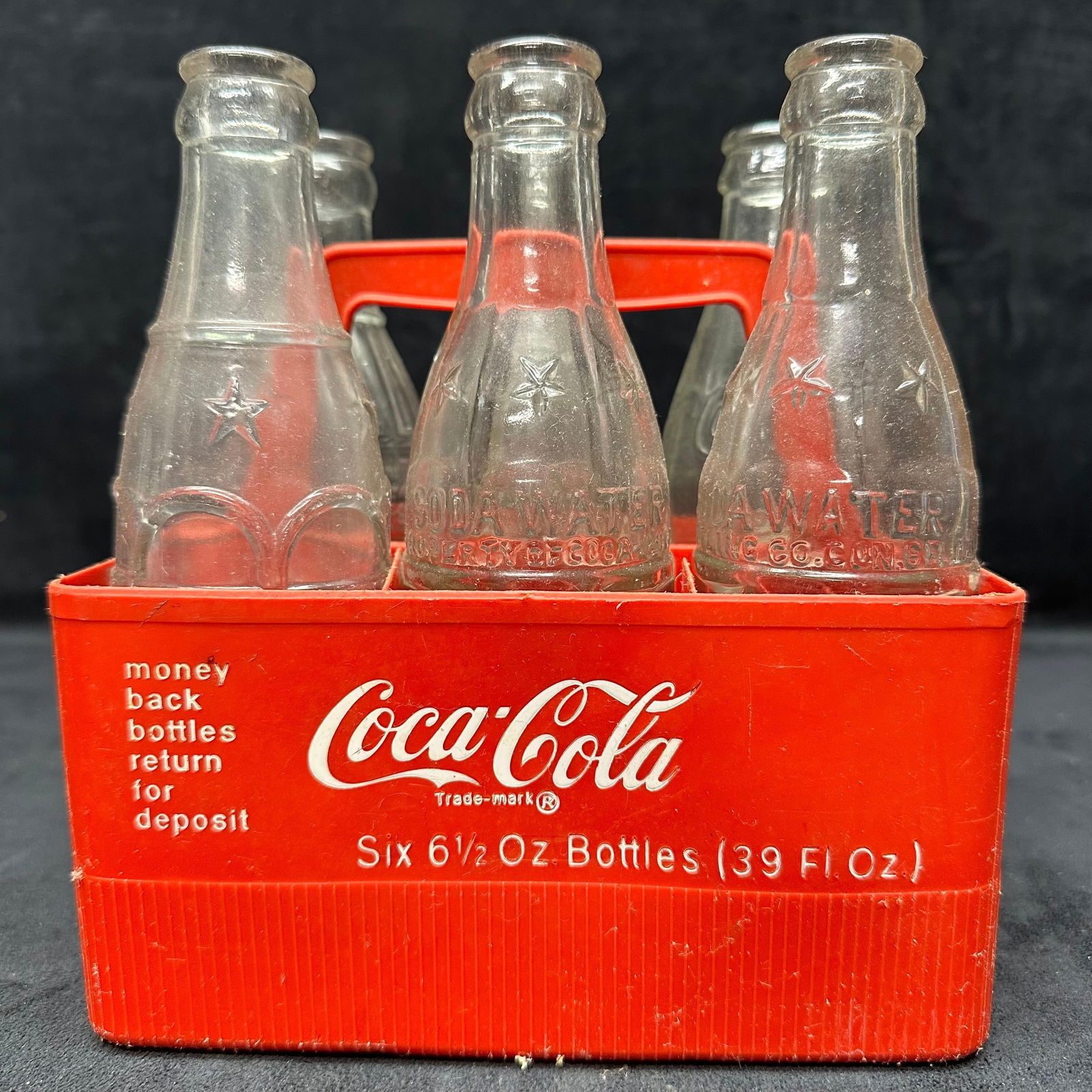 Coca-Cola 6 Bottle Red Plastic Carrier with Soda Water Vintage Glass Bottles (1 of 7)