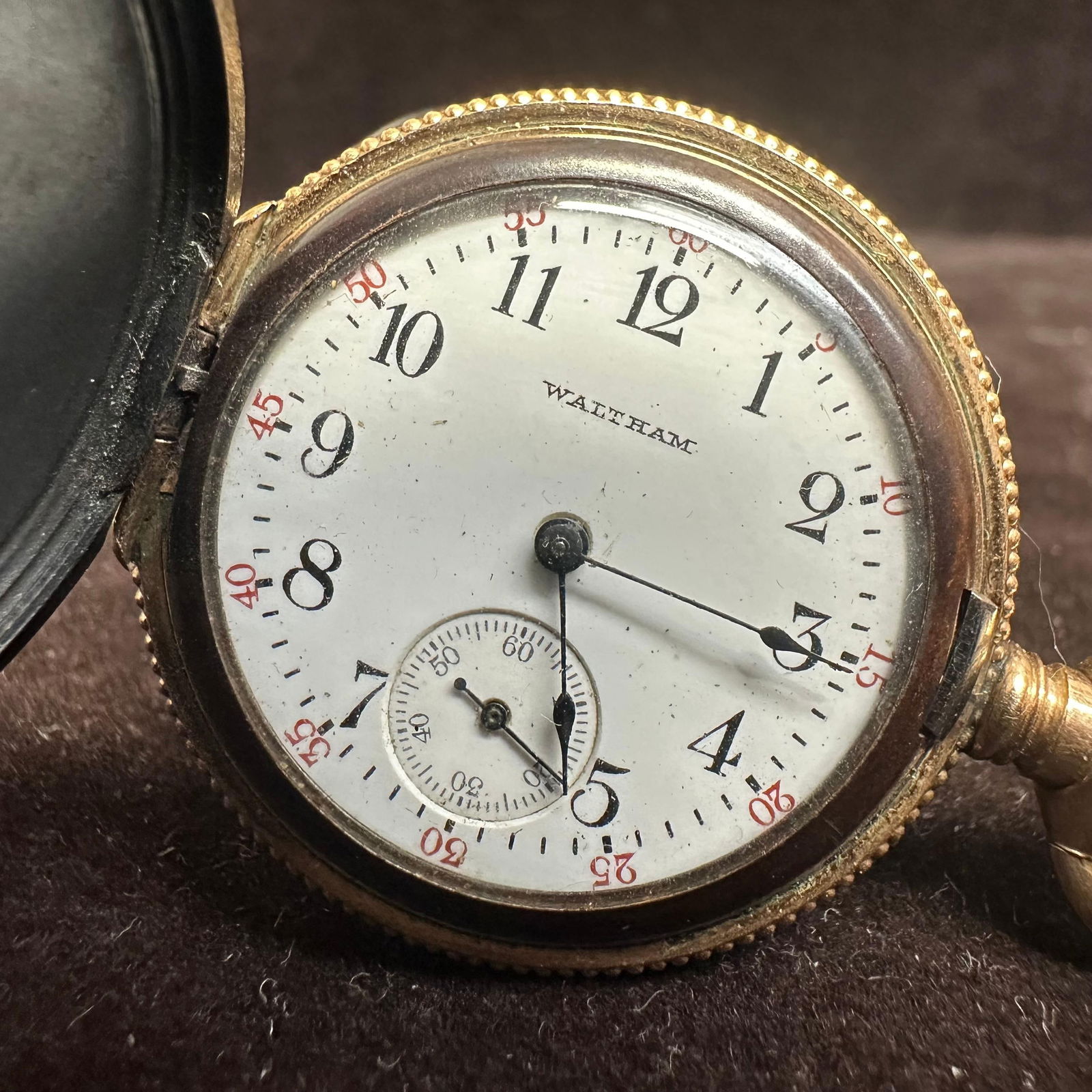Waltham Pocket Watch Black Enamel Case with Gold Filled Center Inlay Birds and Floral Design (1 of 12)