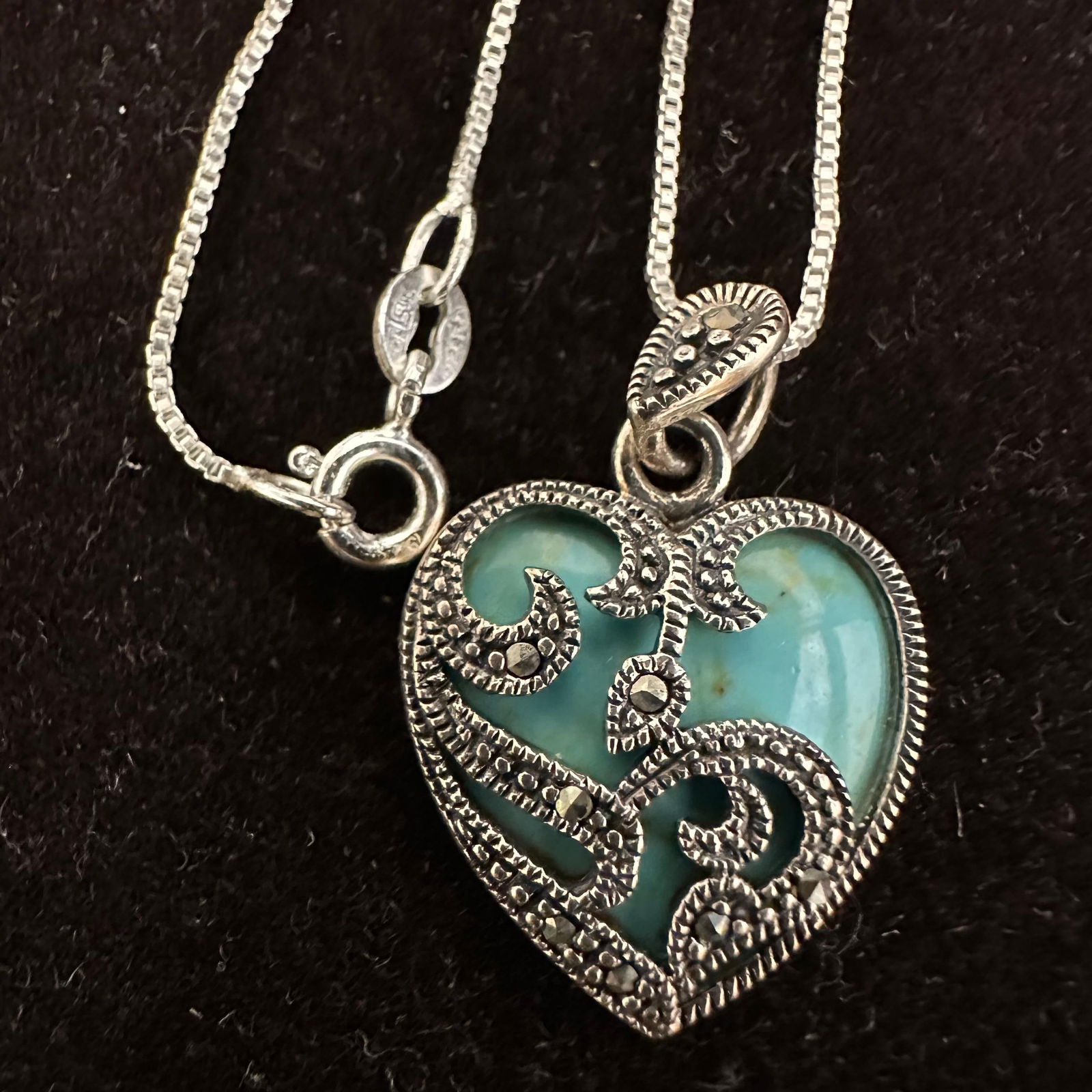 Marcasite and Turquoise Heart Sterling Silver Necklace Italy 925 N25: This item is in good pre-owned, previously used/displayed condition with noticeable light wear and surface scratches. Please reference all photos for full details. This piece of jewelry has been teste