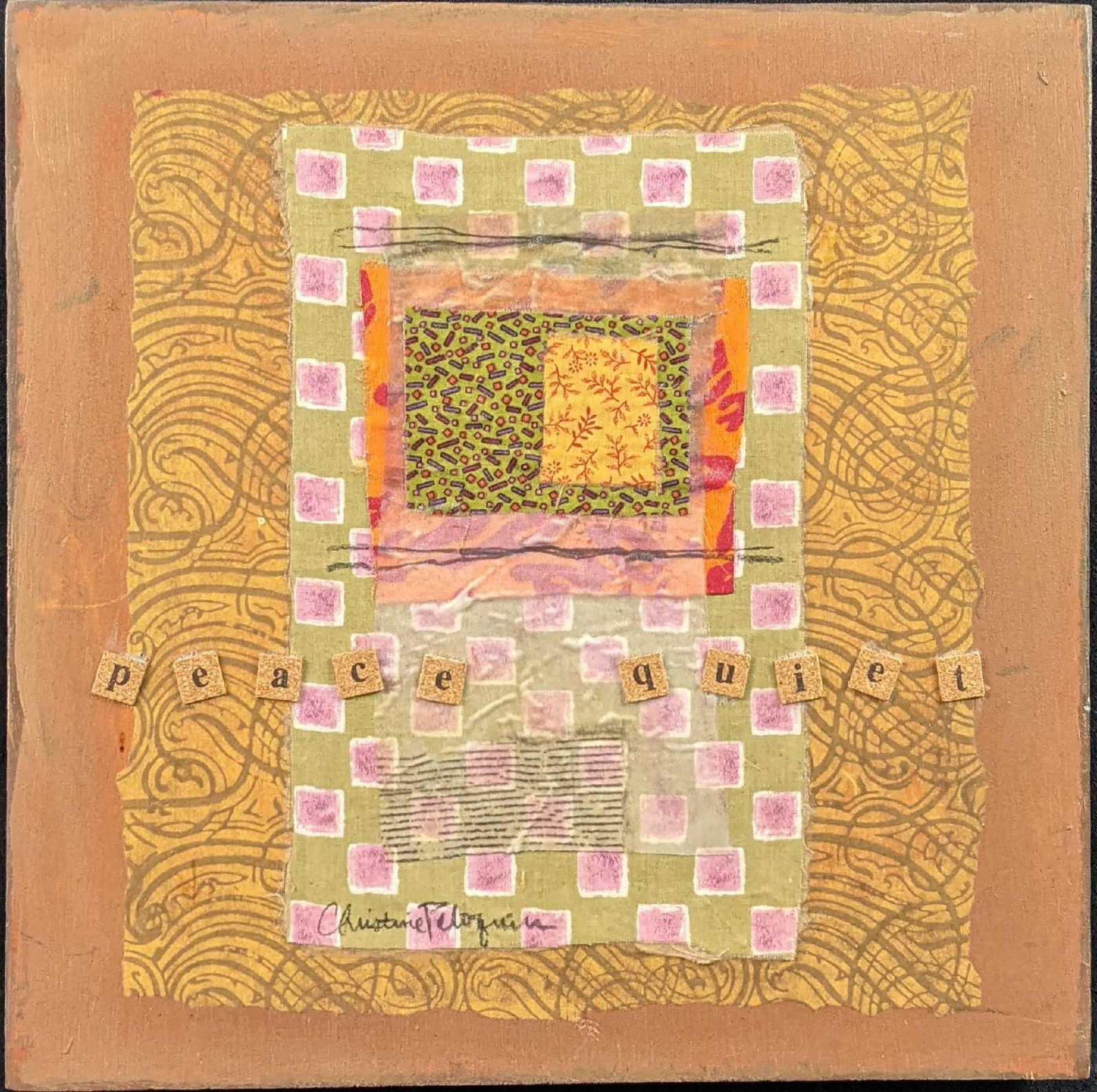 Christine Peloquin Original Mixed Media On Wood X1 Peace And Quiet: Christine Peloquin Acrylics, found objects, mono-prints, and paper collage on a wood panel. This one is called "Peace & Quiet". This is approx 12" x 2 1/2" x 12" and is in good