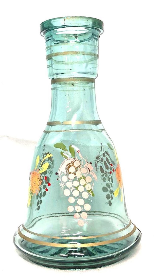 Vintage MCM Blue Tinted Glass Carafe Hand Painted: Vintage MCM Blue Tinted Glass Carafe with Hand Painted Grapes and Flowers. It is approx 10-1/4" x 6" x 6" and it weighs 2.5lbs. The Carafe is in a used, vintage condition with some light wear. Small c