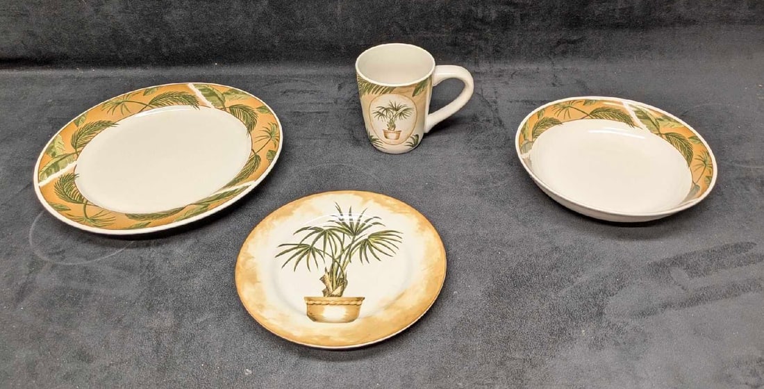 Retired American Atelier West Indies Set Of Plates Bowls And Cups: Retired American Atelier West Indies Set Of Plates Bowls And Cups. This lot of discontinued stoneware consists of: (4) Coupe Soup Bowls. Each is approx 2 5/8" x 2 5/8" x 8". (4) Salad Pla
