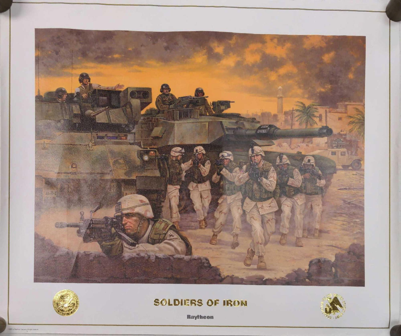 Rare Raytheon Soldiers Of Iron Poster: Raytheon "Soldiers Of Iron" Poster. The print has an embossed seal and caption. Was released in 2005. The print is approx 30" x 25" and has some creases on the print and bent corners. Please see 