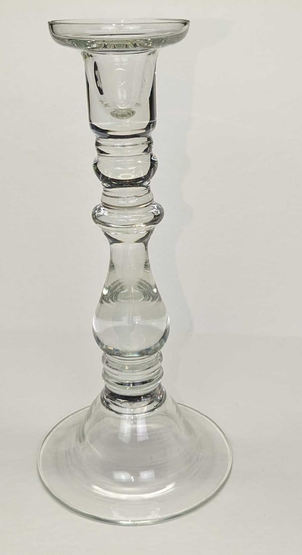 Vintage Clear Glass 10" Candlestick Holder: Vintage Clear Glass 10" Candlestick Holder. The maker and date of creation are unknown. This is approx 4 5/8" x 4 5/8" x 10" and it weighs 1.27lb. 