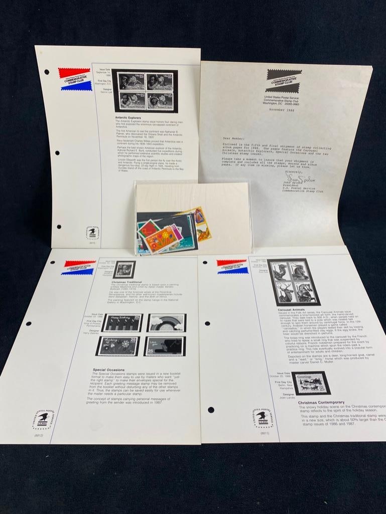 USPS Commemorative Stamp Club November 1988: USPS Commemorative Stamp Club November 1988 Packet from the United States Postal Service Commemorative Stamp Club, for November 1988. The packet includes stamps, informational sheets on them, and a l