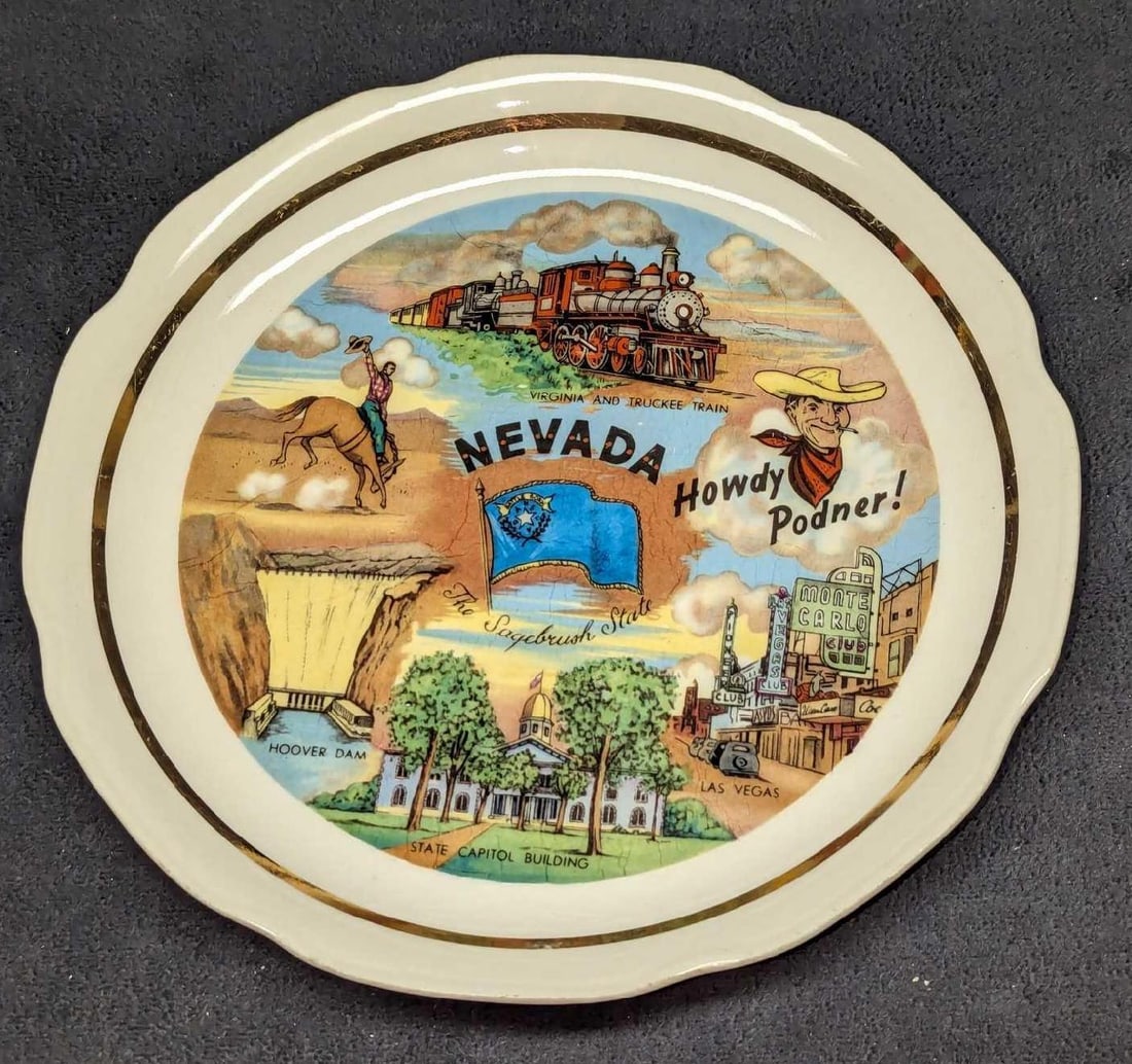 Vintage Nevada Las Vegas Howdy Ponder Souvenir Plate: Vintage Nevada Las Vegas Howdy Ponder Souvenir Plate. The ceramic plate is approx 7" x 7" x 3/4" and it weighs 0.40lb. The plate has some light flaking and crazing. Please see the images as they are p