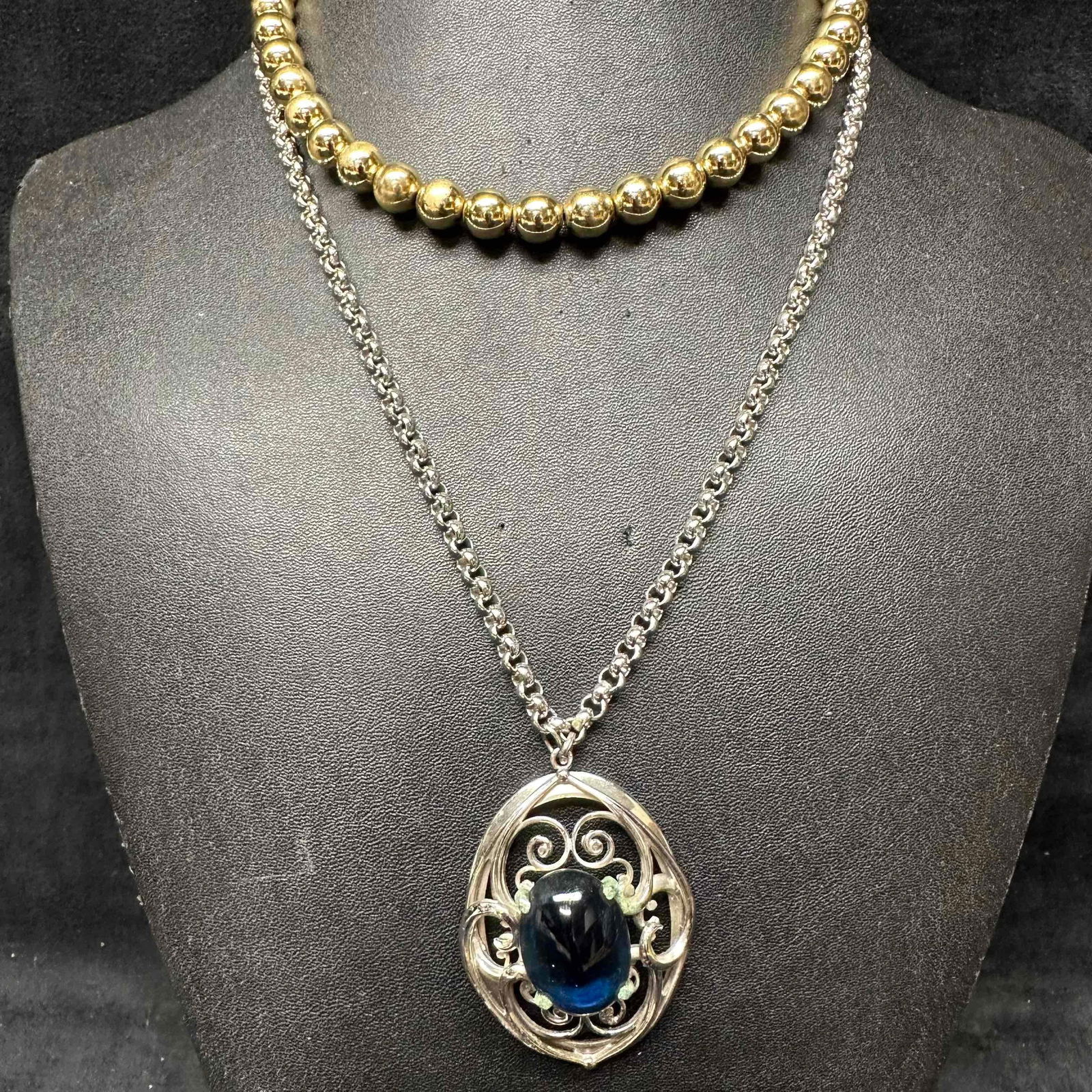 Whiting and Davis Silver Tone Pendant Necklace Blue Glass Cabochon and Gold Tone Bead Necklace Set (1 of 6)