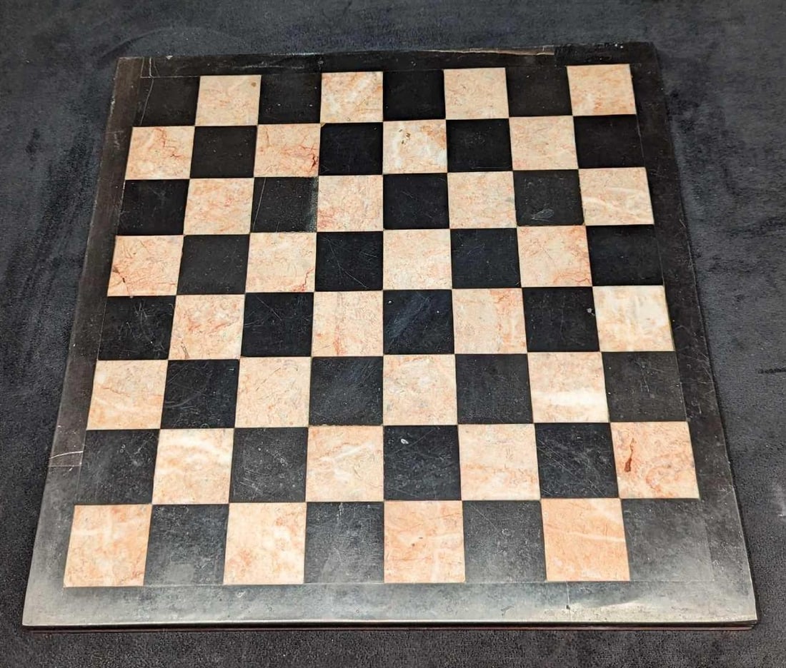 Vintage Heavy Marble Chess Board Game Board: Vintage Heavy Marble Chess Board Game Board. Its maker and date of creation are unknown. This is approx 14" x 14" x 3/8" and it weighs 10.50 lbs. The board has some light markings and scratches from a