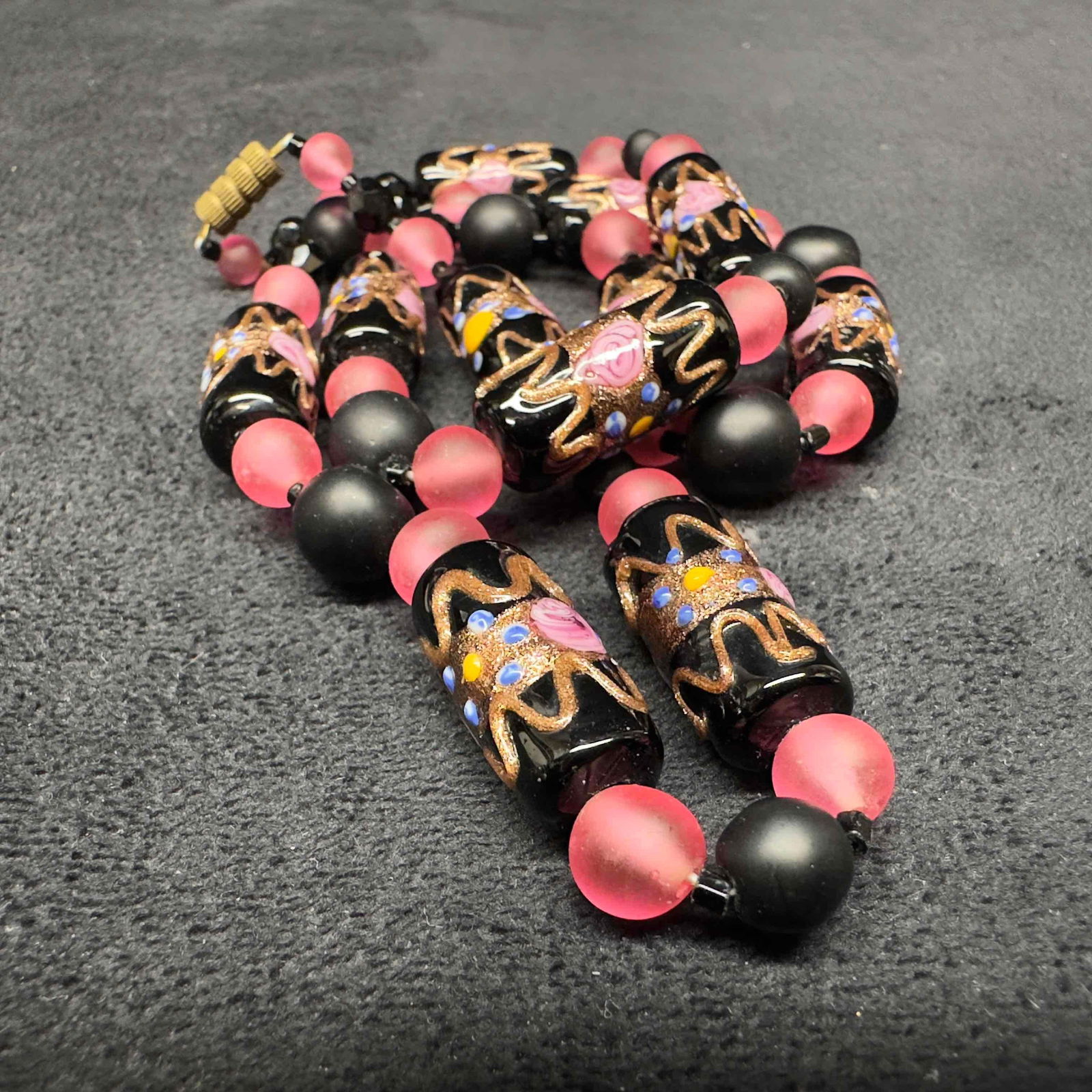 Murano Venetian Art Glass Lamp Work Black Bead Pink Floral Beaded Long Necklace B68 (1 of 8)
