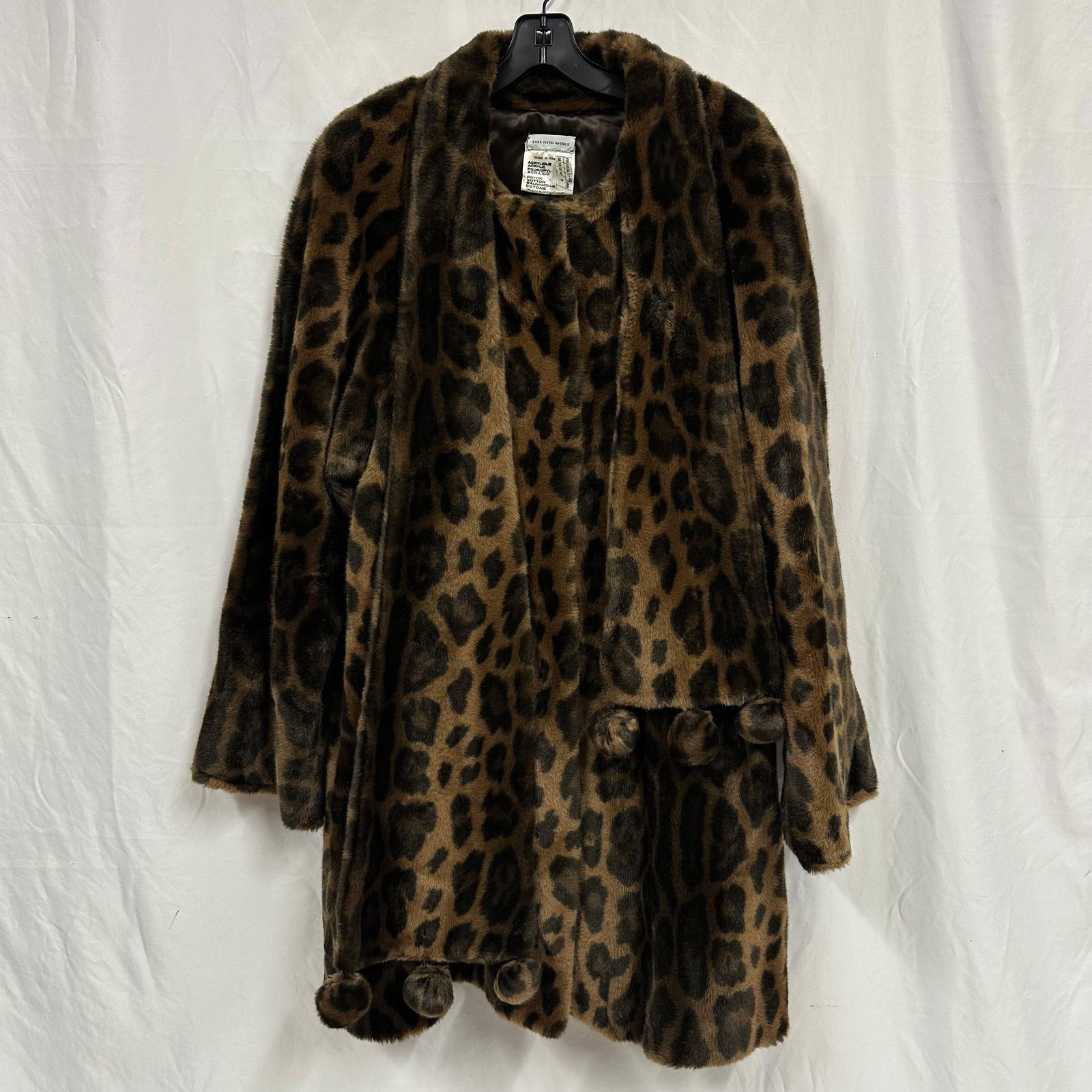 Saks Fifth Avenue Leopard Print Faux Fur Coat Scarf Style Pom-Pom Trim (1 of 9)