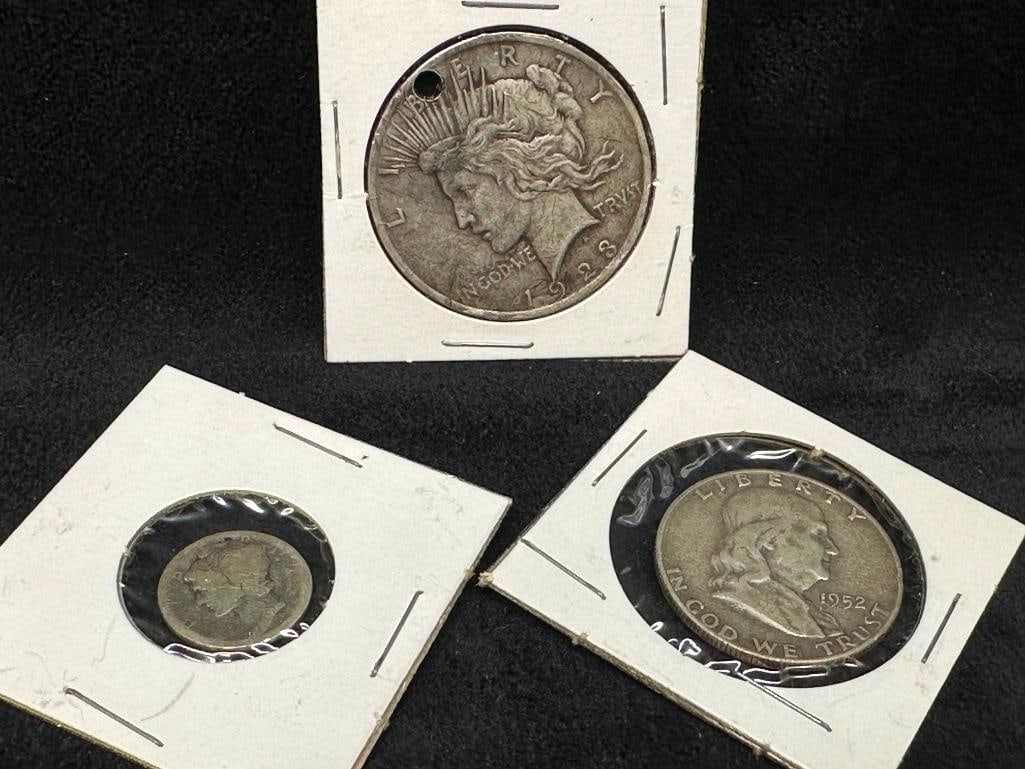 3 Silver Coins - Peace Dollar, Franklin, Mercury (1 of 2)