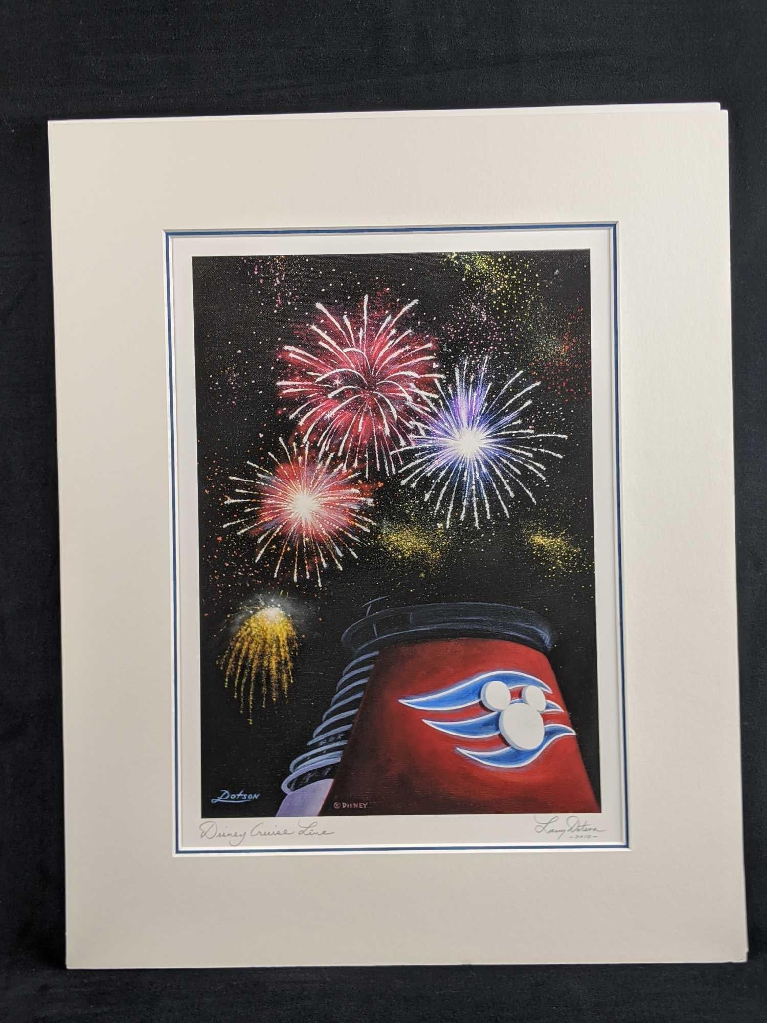 Disney Cruise Line Matted Print By Larry Dotson: Matted Disney Cruise Line “Vacation Memories” print by Larry Dotson. Shows a close up of a Disney Cruise Line ship's Larry funnel as it sails by some colorful fireworks. The print is hand