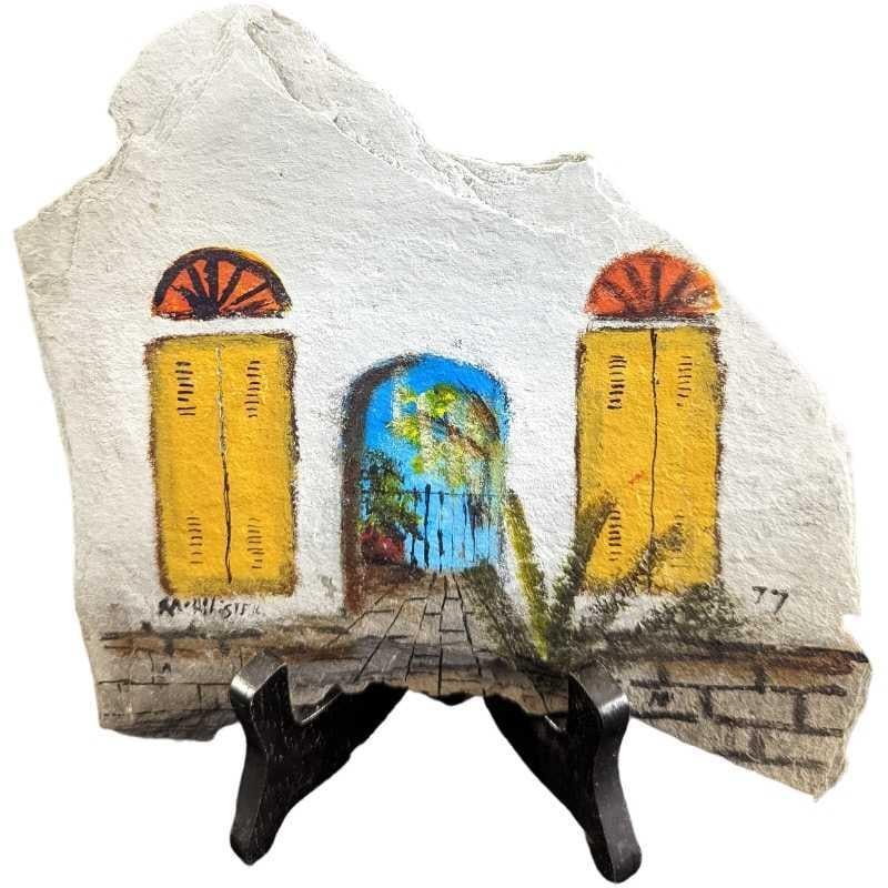 Hand Painted House Rock Slate Art: Hand Painted House Rock Slate Art. Is signed by the artist on the bottom left. Also comes with a stand. The slate is approx 8" x 7 1/2" and the stand (folded up) is 3 1/4" x 3/8" x 6" and together