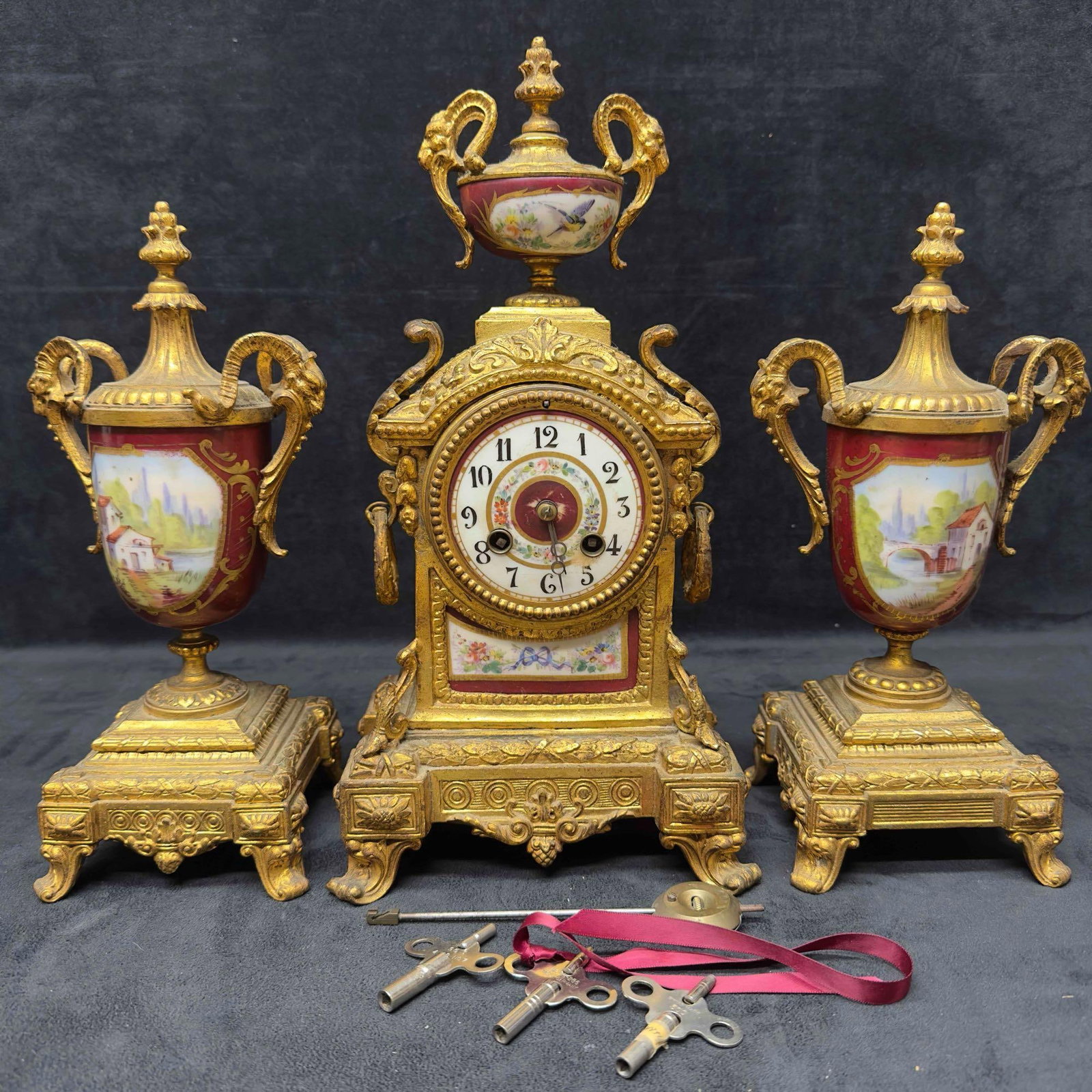 Antique French Gilt Bronze Porcelain Ormolu Classical Clock English Cottage Garniture Set (1 of 17)