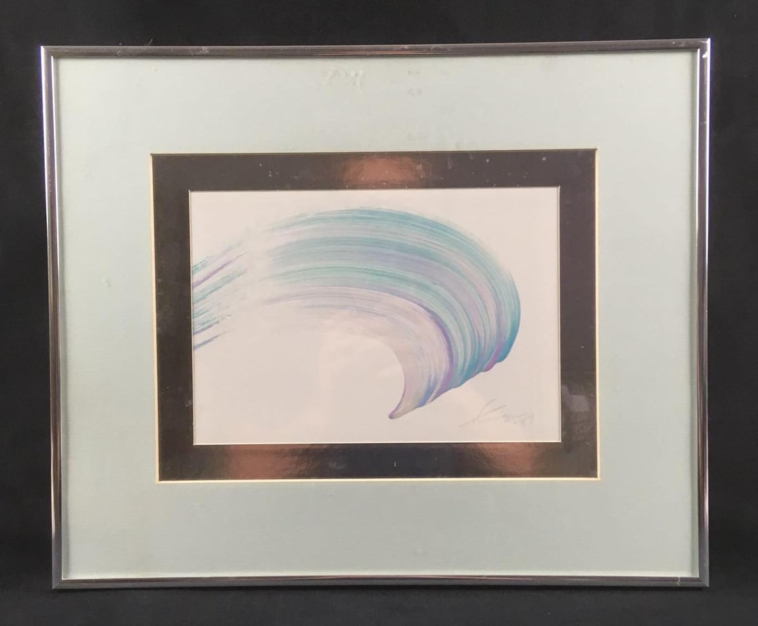 Thomson Blue Brush Stroke Painting: Thomson Blue Brush Stroke Painting. This painting is in good condition. The frame's glass needs to be cleaned a little bit to remove residue. The painting is framed with a silver frame and mint